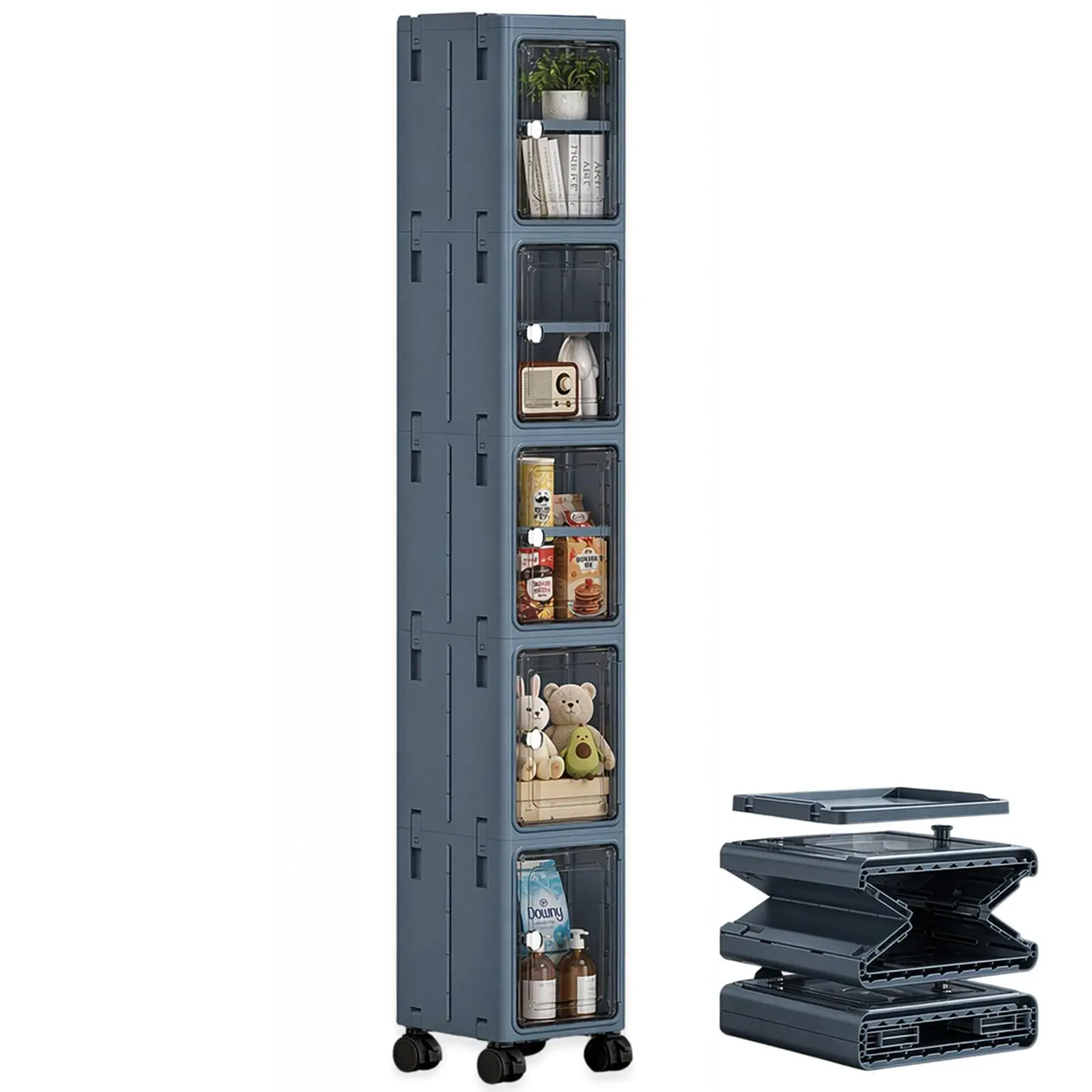 Nifogo 5-Tier Plastic Storage Bins with Lids Stackable Containers with Wheels Folding Boxes Collapsible for Living Room Office Dorm White 157cm