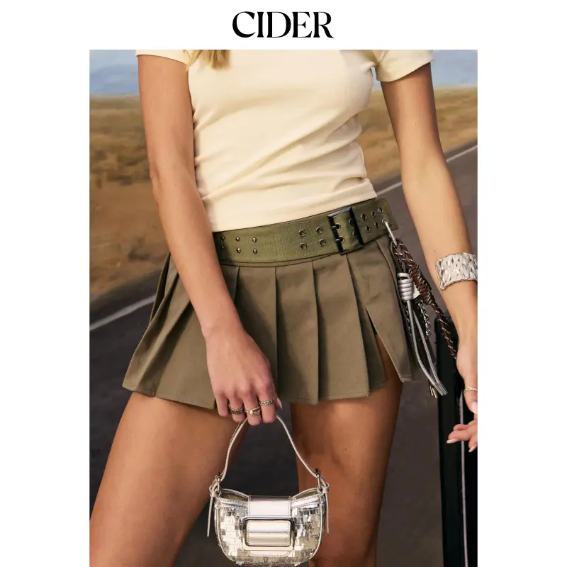Cider Cotton Low Rise Pleated Metal Detail Belted Mini Skirt