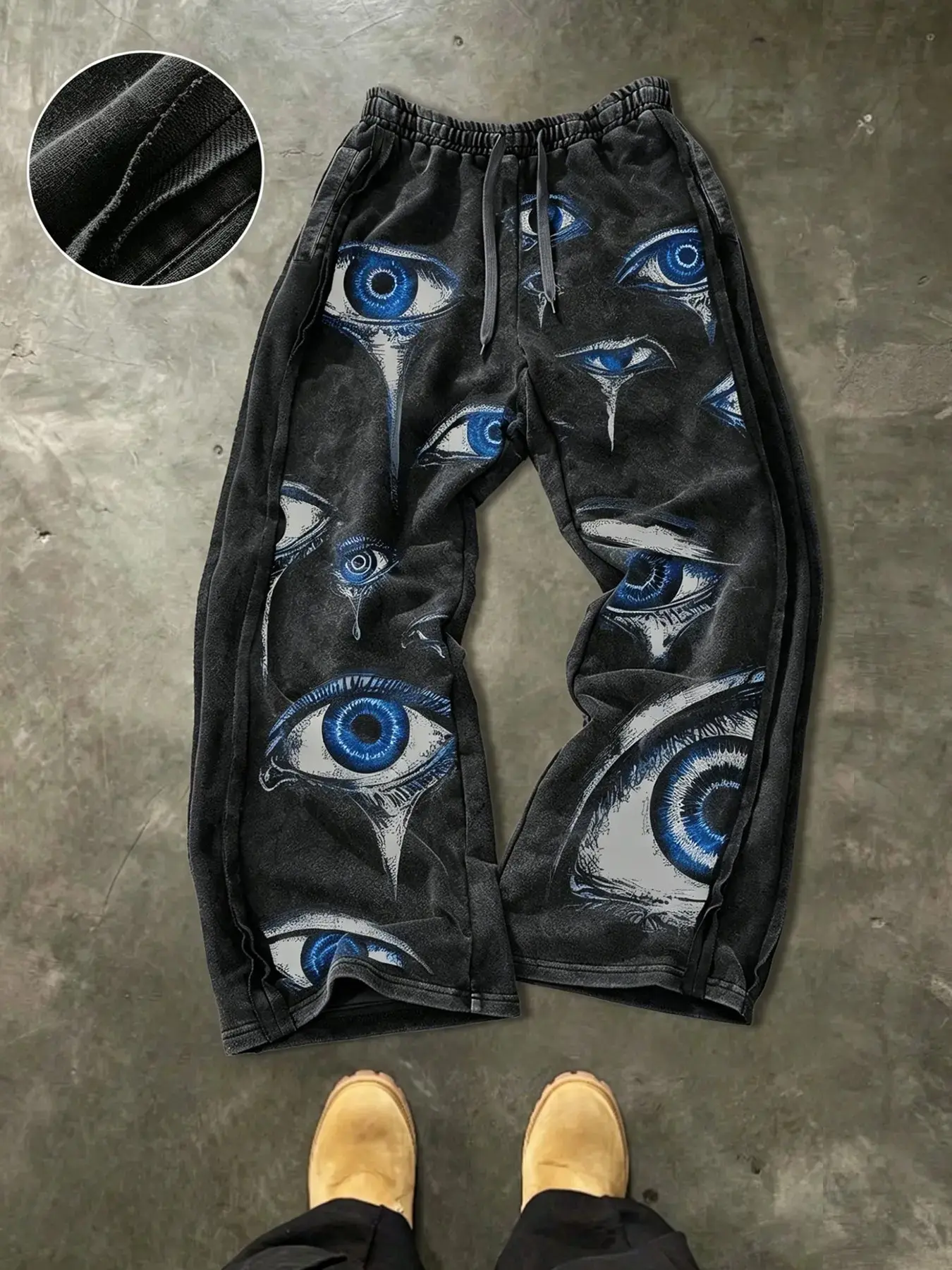 Vintage Washed Koi Fish Print Wide Leg Oversized Sweatpants, Japanese Ukiyo-E Floral, Loose Fit, Casual Trousers with Drawstring, Baggy Bottom