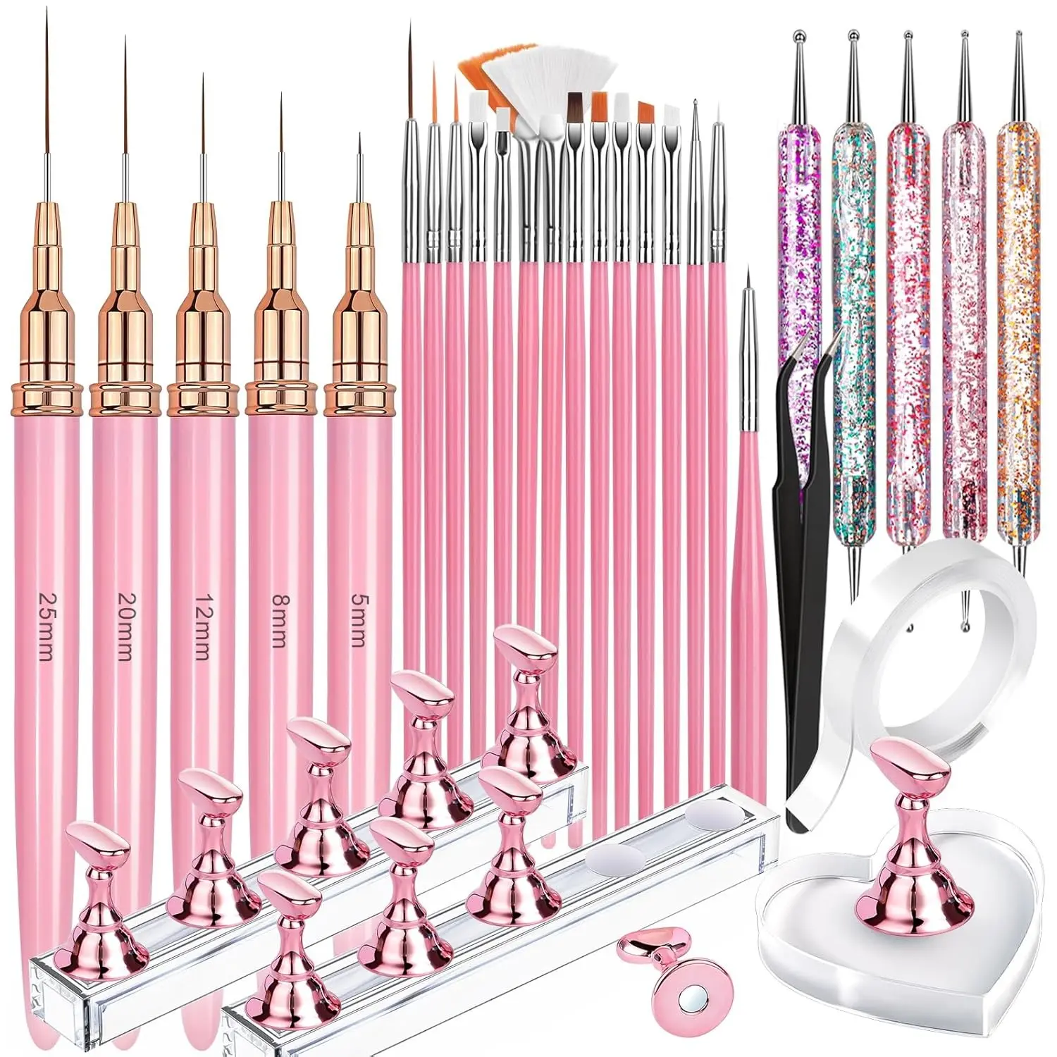 30-Piece Professional Nail Art Tool Set, Nail Art Kit – Includes Nail Brushes, Magnetic Nail Stands, Heart-Shaped Nail Holder, Liner Brushes, Dotting Pens, Tweezers & Double-Sided Tape – Essential for Nail Salons, Schools & Home DIY