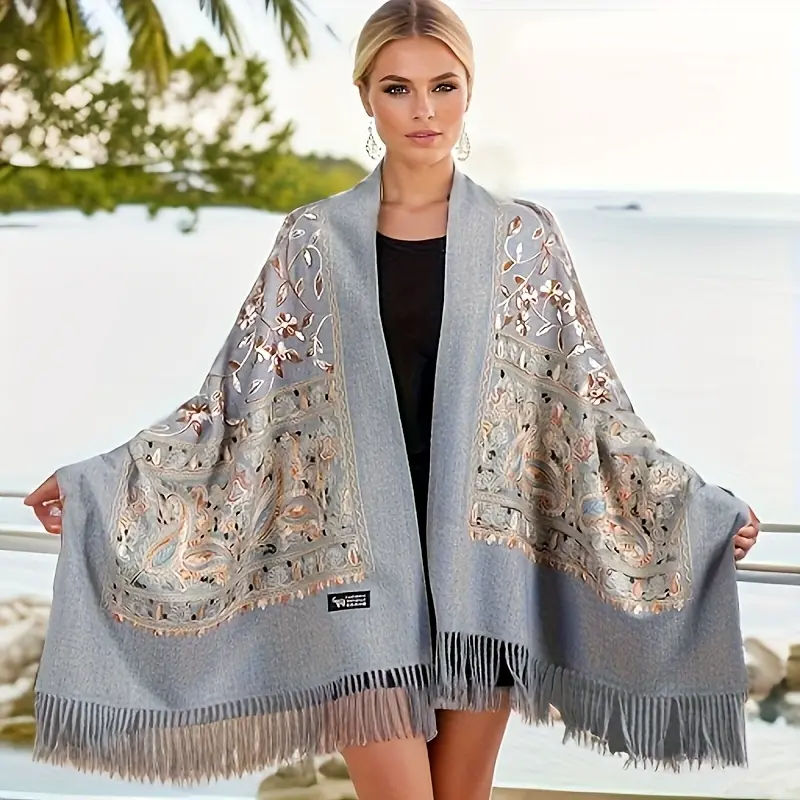 Women' Bohemian Cashmere Shawl Scarf - Vintage Paisley Embroidery Suitable for Spring/Fall, Lightweight Warmth with Tassel Trim, Navy/Orange/White Retro, Hand Washable for Casual & Outfits (Multi-Color Options)