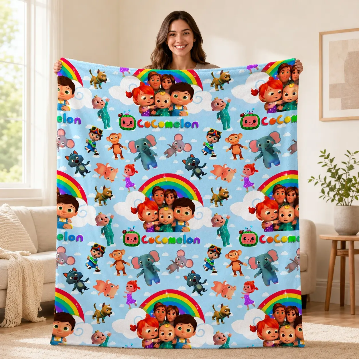 Blue Sky Cocomelon Character Print Fleece Blanket, Cozy Warm Throw for Couch, Living Room Decor, Rainbow Animal Design
