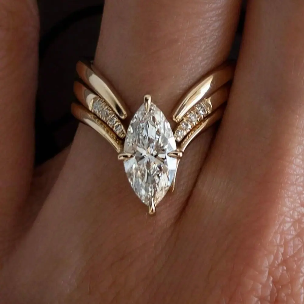 3 Pieces/Set Marquise Cut Solitaire Stackable Ring Set, Split Pave Side Band Wedding Stack Rings, Bridal Engagement Matching Jewelry