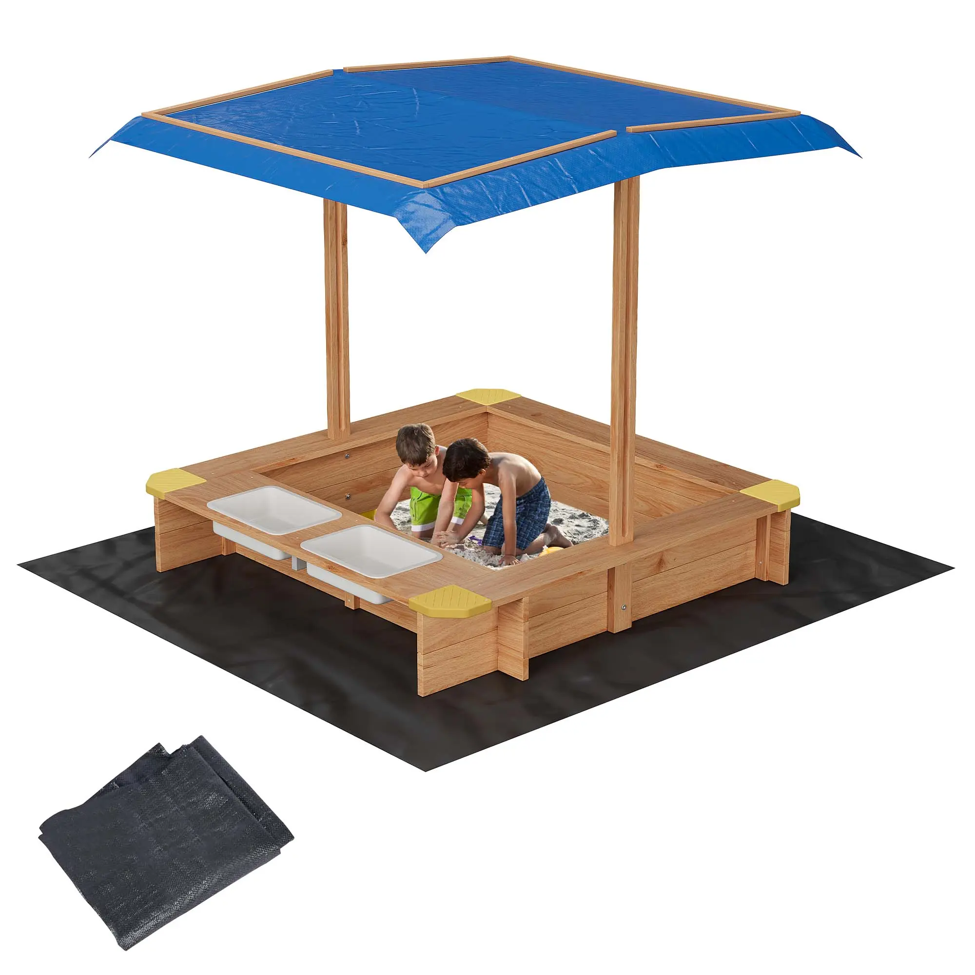 GARVEE Large Size Wooden Sand and Water Table for Kids - Toddler Toys, Outdoor Sandbox with Lid, Retractable Canopy, 2 Side Buckets, Drainage Liner, UV & Weather Resistant, Adjustable Roof Height - Backyard Play, Ages 1-8, Patio, Beach