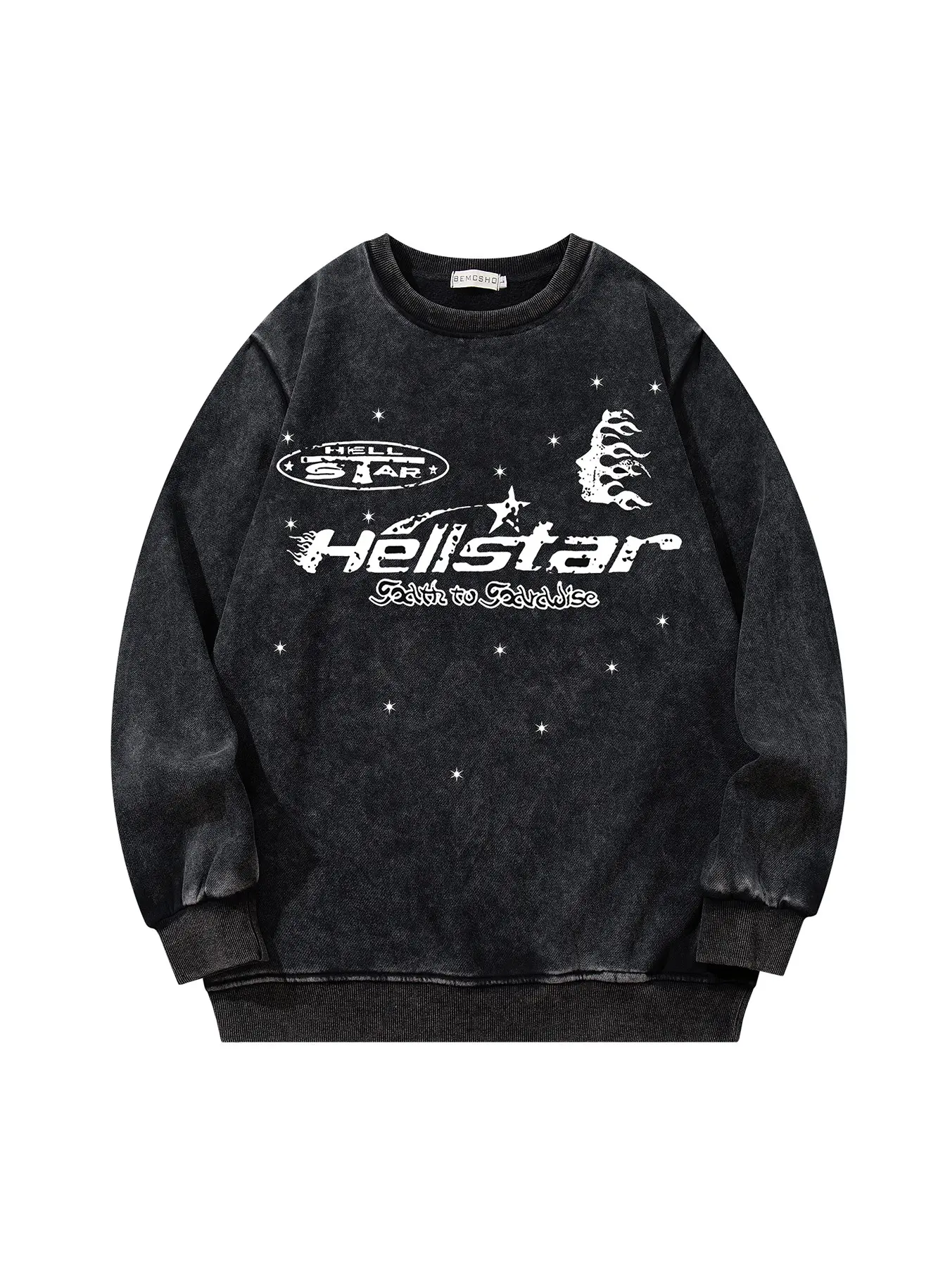 Men's Vintage Dark Feng Shui Washed Tie-Dye Flame Letter Graphic Star Print Classic Sweatshirt, Fall New Fashion Casual Long Sleeve Top, Round Neck Pullover