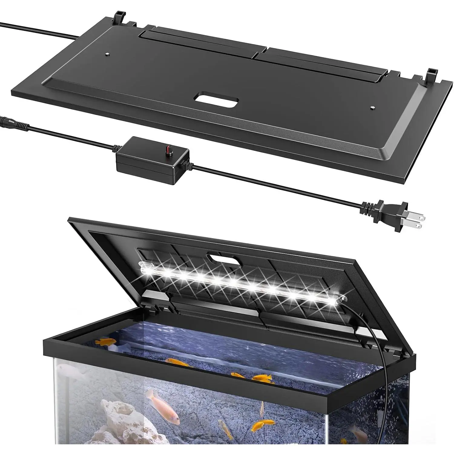 LED Aquarium Hood Fish Tank Lid, 24-Inch Framed Aquarium Cover with Adjustable Brightness White Tube Light, Replaceable Full-Length Bulb, Power Adapter, Detachable Connection Section, Black (Safe for Children), Fits 24-Inch Framed Aquariums