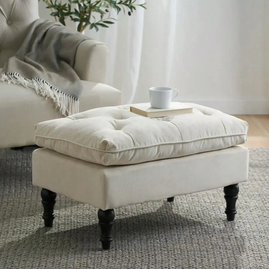 Rectangular Polyester Mix Ottoman with Storage - Elegant Plush Pillow Top, Tufted Look, Turned Legs, Comfortable Living Room Indoor Furniture Stool/Bench