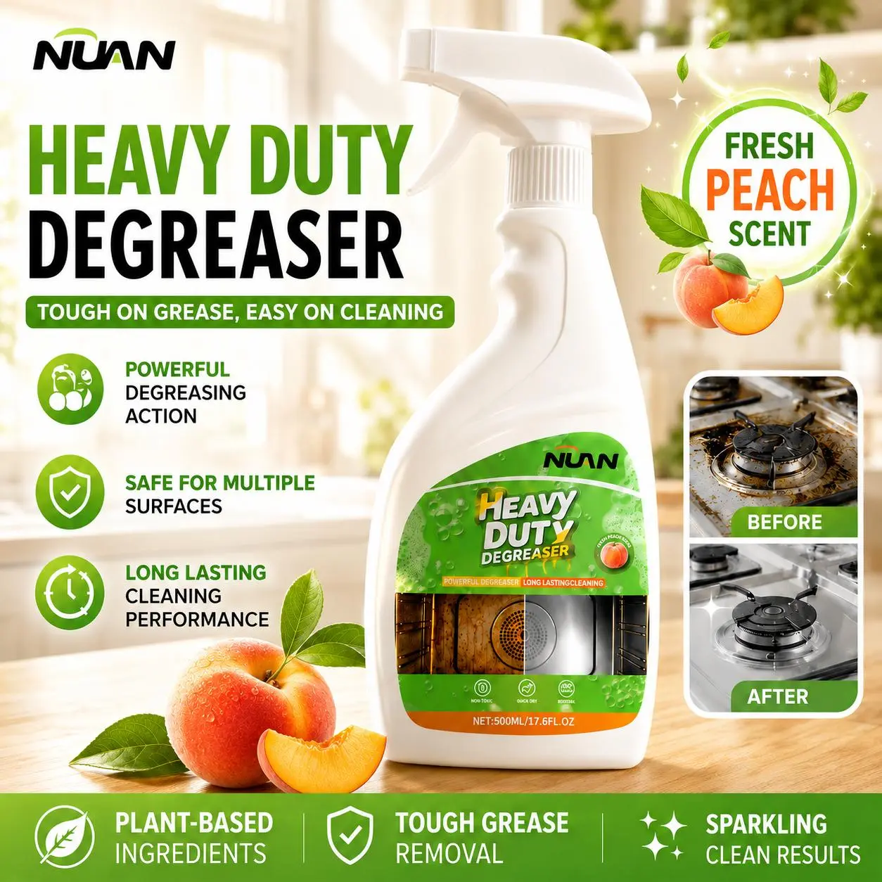 NUAN heavy duty degreaser Spray 500ml – Tough Grease & Oil Cleaner for Stove, Oven, Countertop & Range Hood NUAN heavy duty degreaser Spray 500ml – Tough Grease & Oil Cleaner for Stove, Oven, Countertop & Range Hood