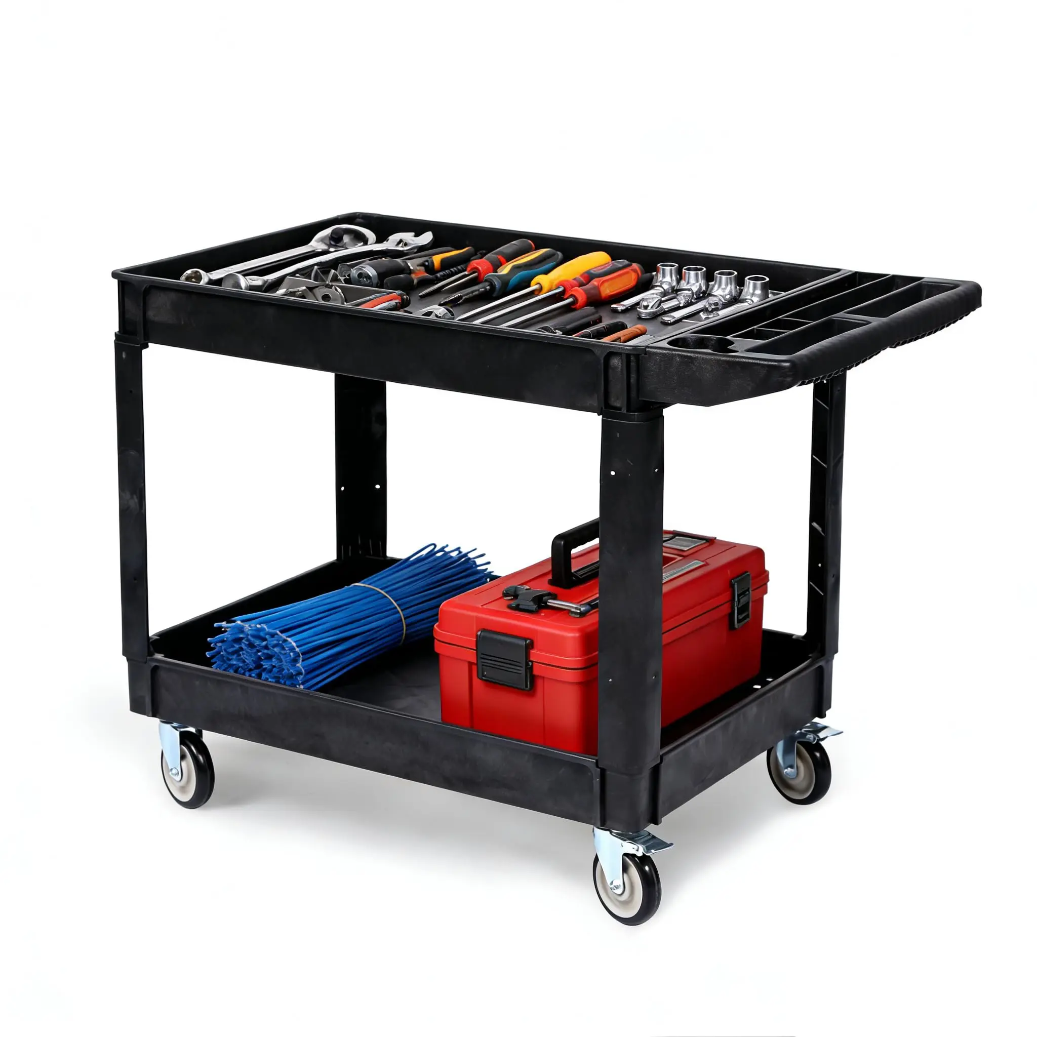 Heavy Duty 2 Tier Utility Service Cart 550 Lbs Capacity Rolling Tool Cart with Wheels Industrial Plastic Storage Organizer Workstation Premium Utility Cart with Tool Slots for Garage Warehouse Workshop Office Mechanic Janitorial Black