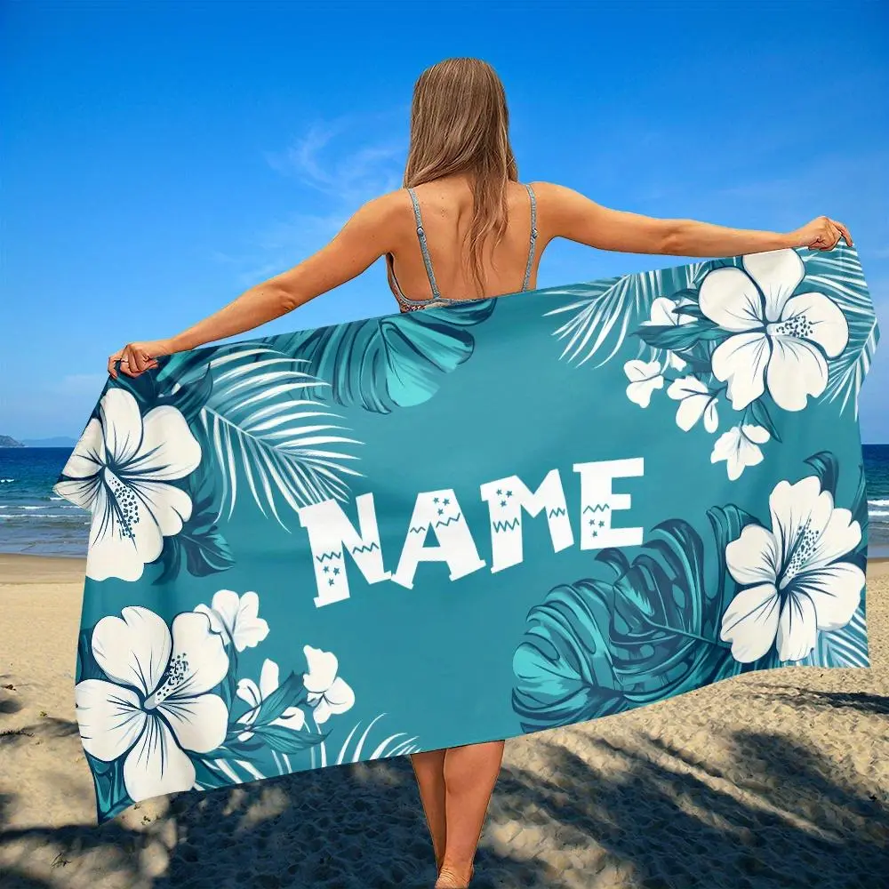 【summervibes】Customizable Name Green Hibiscus Palm Leaf Beach Towel, Women's Exclusive Tropical Flower Quick Drying Beach Towel, Customized Hawaiian Flower Summer Pool Swimming Towel Gift