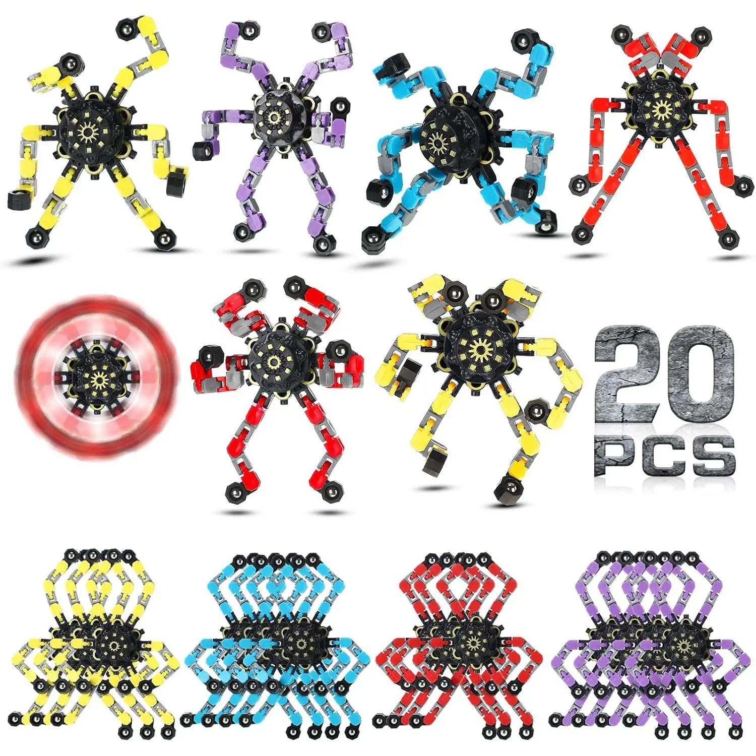 20 Pcs Transformable Fidget Spinner Toys Funny Sensory Chain Robot Fidget Spinner DIY Deformed Mechanical Spiral Stress Relief Gifts for Kids Boys Adults Halloween Christmas Stuffersfidget toys