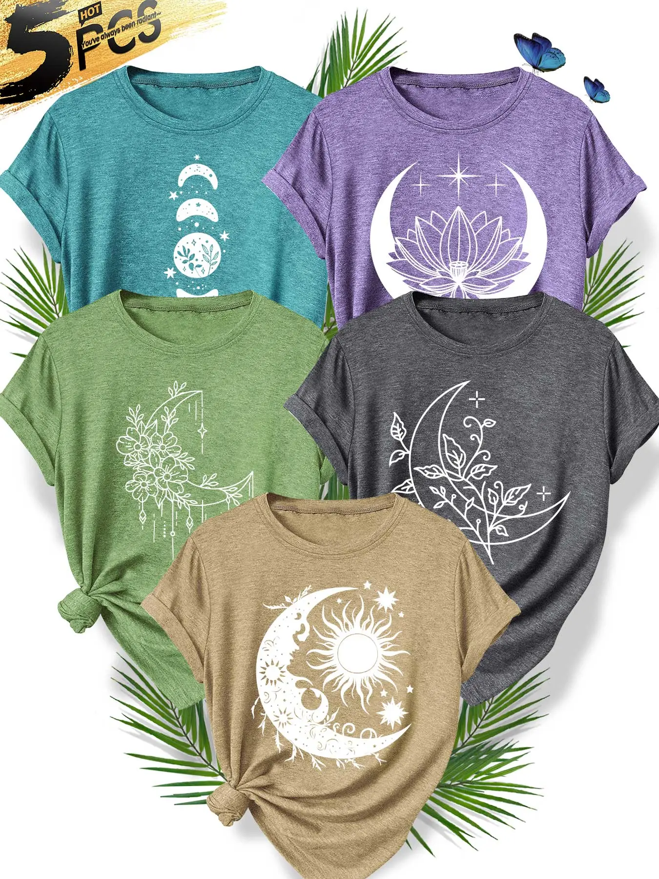 5Pcs Women Crew Tee,Moon & Lotus Mystical Print,multi-color,washable,soft summer top
