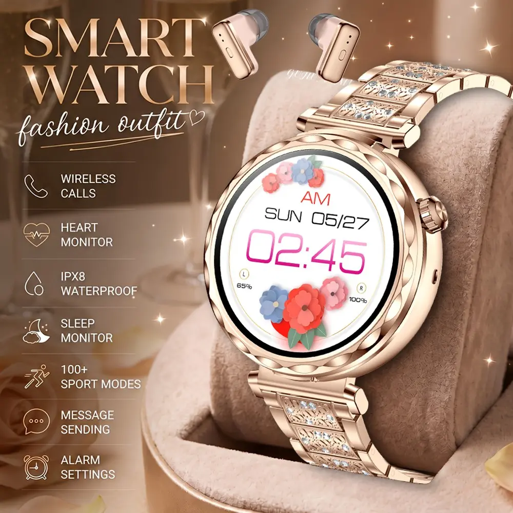 Women's Fashion Smartwatch with Earbuds, Wireless Calling, Remote Camera, Music Control, Alarm, Calorie Counter, Step Tracker, iPhone/android Compatible