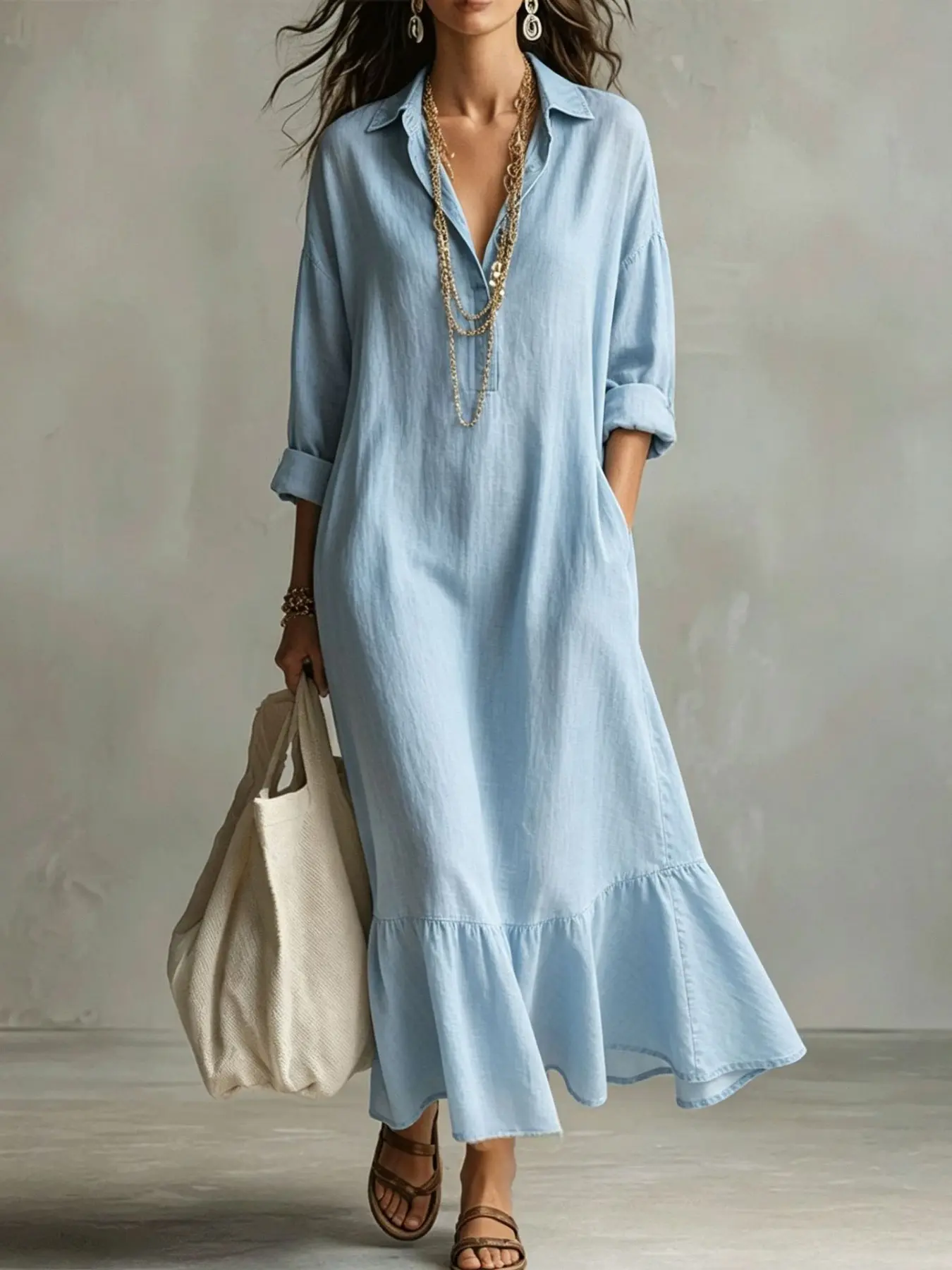 European and American Style Lazy Wind Blouse Dress, New Autumn Winter Long Sleeve Dress, Wide Skirt Fish Tail Casual Commute Long Dress