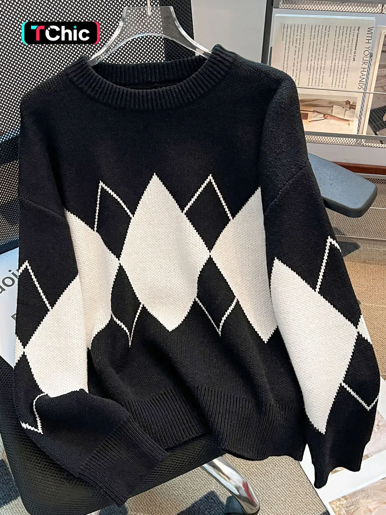 Spring Fall Fashion Simple College Style Casual Round Neck Argyle Knitting Pullover Sweater, Loose-Fitting Knitwear for Women Piece