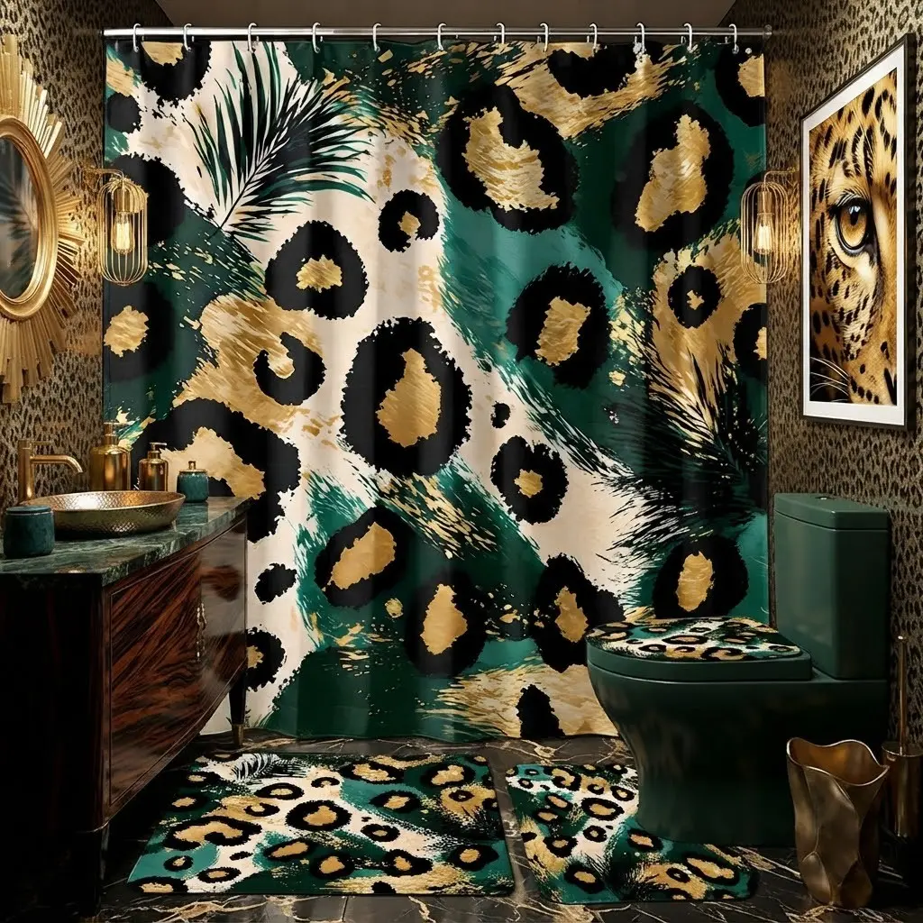4pcs Emerald Gold Leopard Print Shower Curtain Set, Tropical Jungle Animal Pattern, Wild Safari Style Bath Decor Kit,The floor mat fabric is thicker and softer! Summer Holiday Home Decor, Shower Curtain Set With Rugs