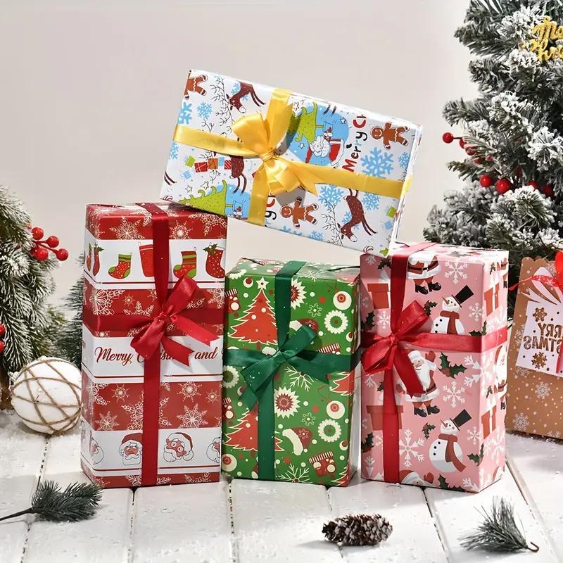Christmas Gift Wrapping Paper, 8 Counts/set Double Layer Cartoon Package Paper, Gift Wrapping Supplies for Home Party Holiday, Gift Decoration