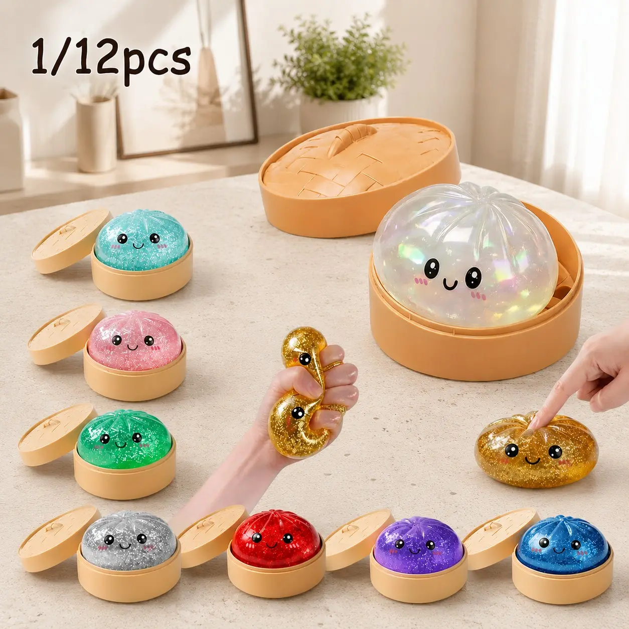 1/12pcs Glitter Dumpling Squishy Comes with Storage Box, Squishy Set, Soft Sensory Squeeze Fidget Toy to Ease Daily Tension, Cute Mystery Collectible Pack Elegant Tabletop Display Decor Workplace Relaxation Ornament