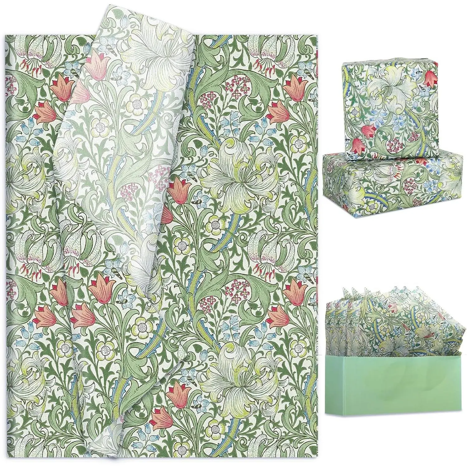 100 Sheets Vintage Floral Tissue Paper William Morris Gift Wrapping Paper Green Flower Decorative Art Tissue for Spring DIY Crafts Birthday Baby Shower Party Home Supplies, 14 x 20 Inch