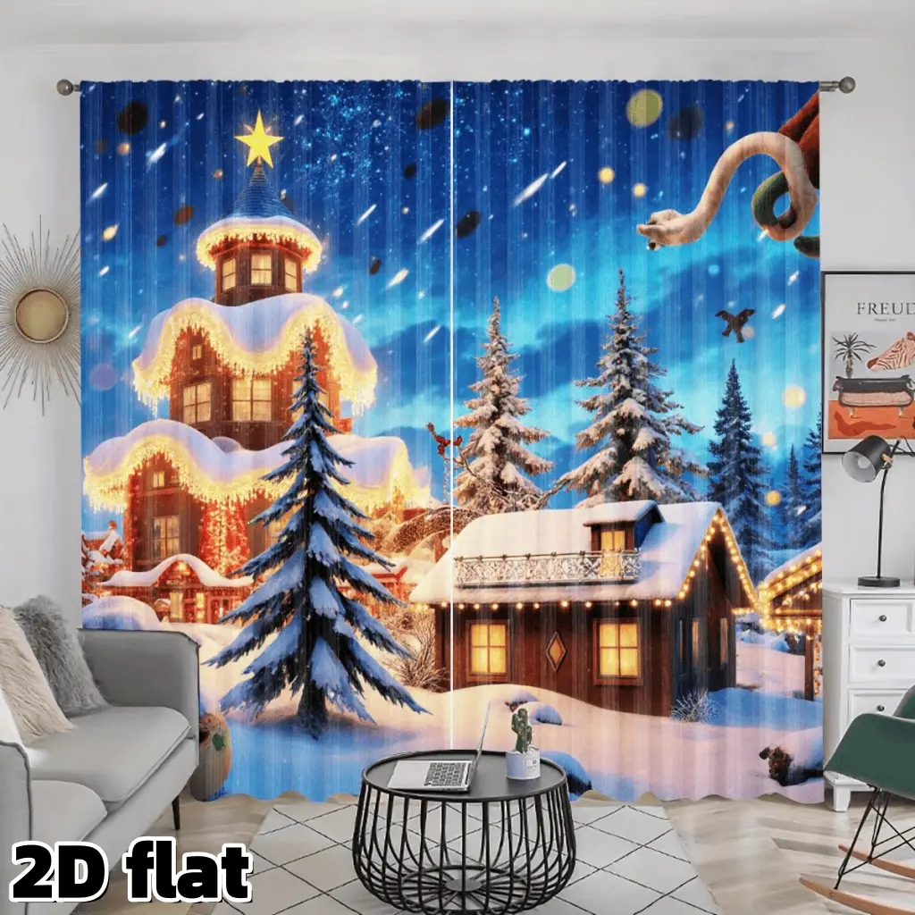 2D Flat 2Pcs Christmas Fairy Tale Snow House Printed Curtains, Magical Starry Night Design, Winter Holiday Scene, Rod Pocket Top, Semi-Sheer Polyester Fabric, Festive Home Decor for Living Room Bedroom Window Treatment, Privacy Protection