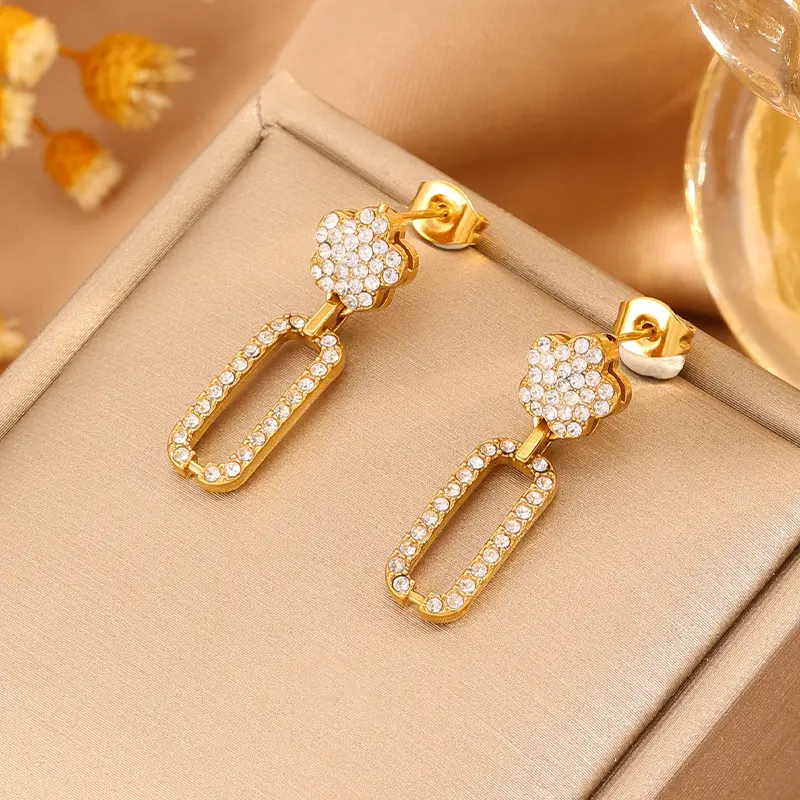 Gold Tone Crystal Link Drop Earrings, Two Styles Oval Circle & Star Rectangle Rhinestone Dangle Earrings, Minimalist Trendy Jewelry