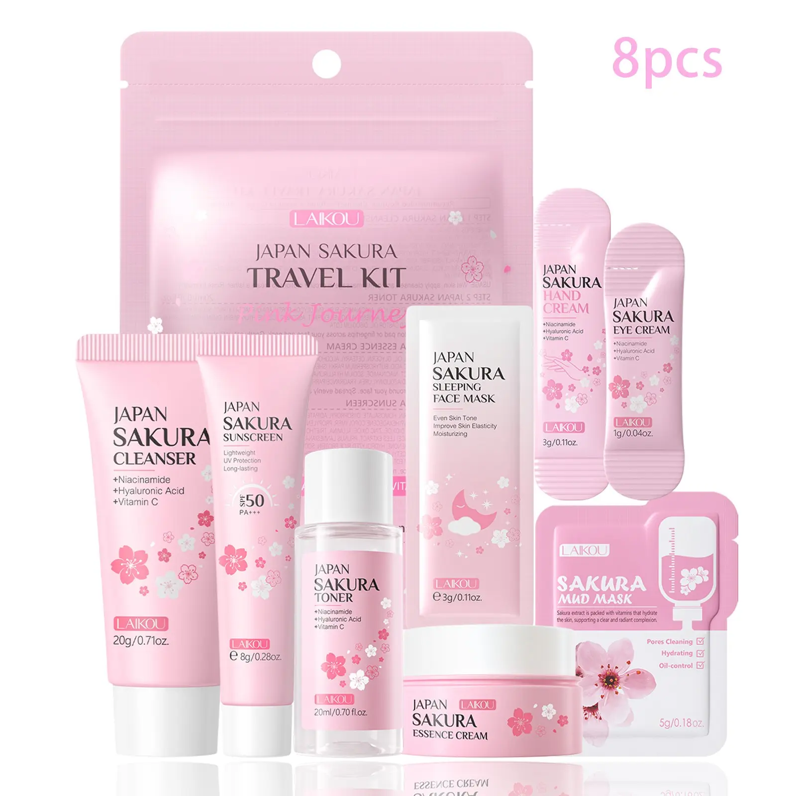 LAIKOU Skin Care Set JAPAN SAKURA Beauty Gift Sets Skin Care Kit with Cleanser, Toner, Eye Cream, Face Cream, Suncreen, Mud Mask, Sleeping Mask, Hand Cream Travel Kit for Women Wife Mom Teen Girls TSA-friendly Sizes Christmas Gift 8pcs