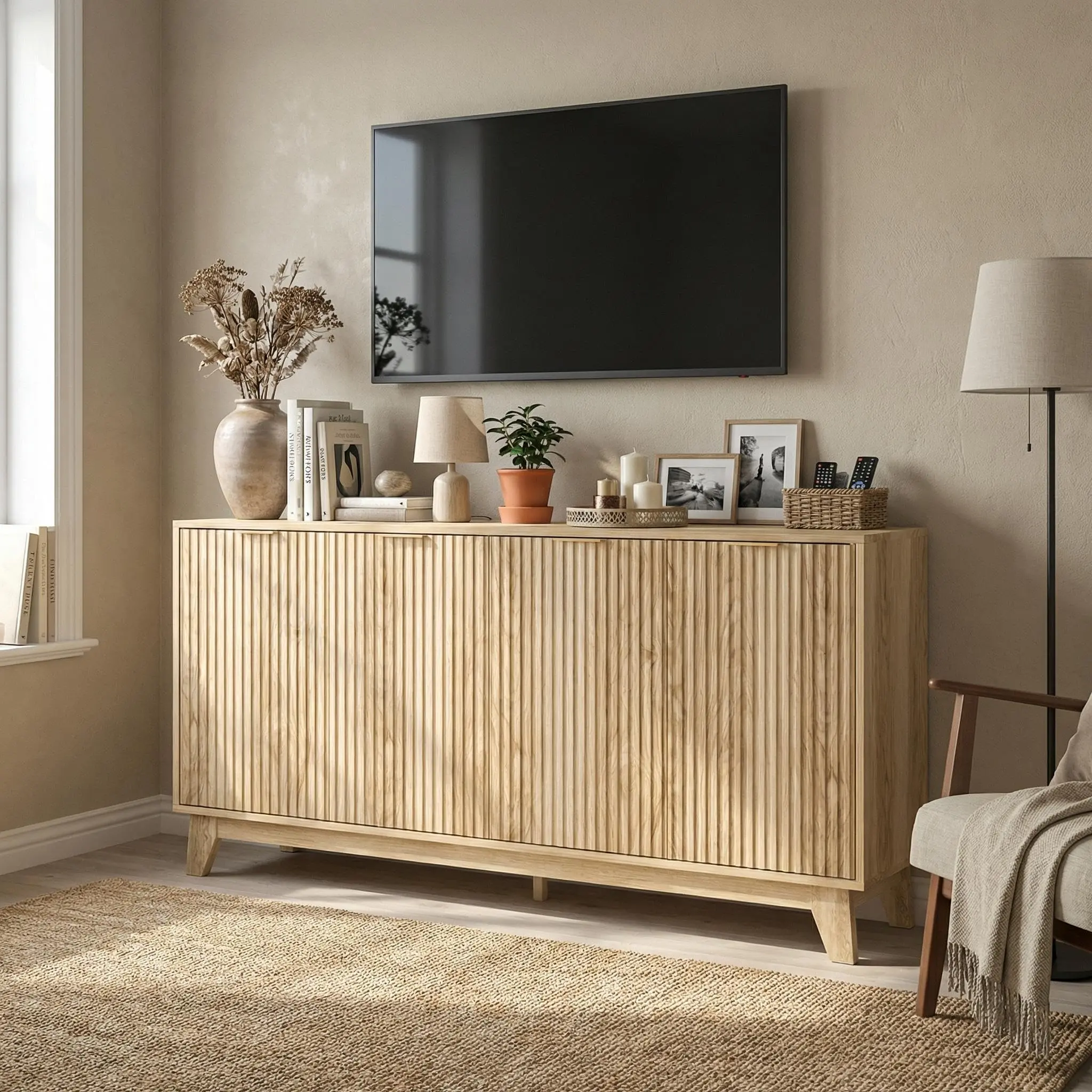 Garvee 55'' Buffet Cabinet, Sideboard Cabinet with with Adjustable Shelf and 4 Doors, Sideboard Cabinet with Storage for Kitchen, Coffee Bar, Living Room, Entryway, Hallway