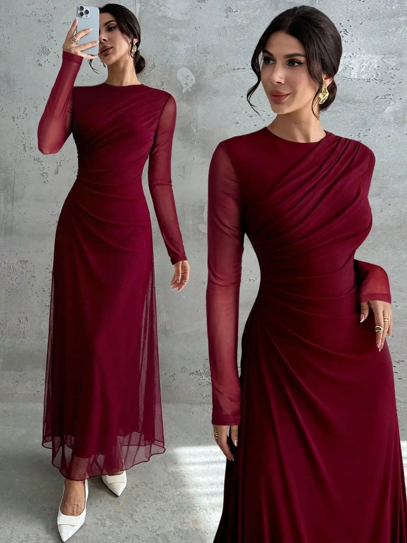 Women's Burgundy Ruched Maxi Dress, Mesh Long Sleeve Round Neck, Slim Fit Elegant Evening Dress, All Seasons Plain Surface