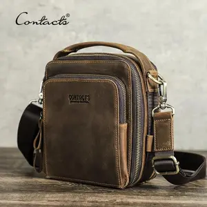 CONTACT'S Men Small Shoulder Bag Genuine Leather Crossbody Messenger Bags for 8.3'' iPad Mini Vintage Designer Handbag Male Bag