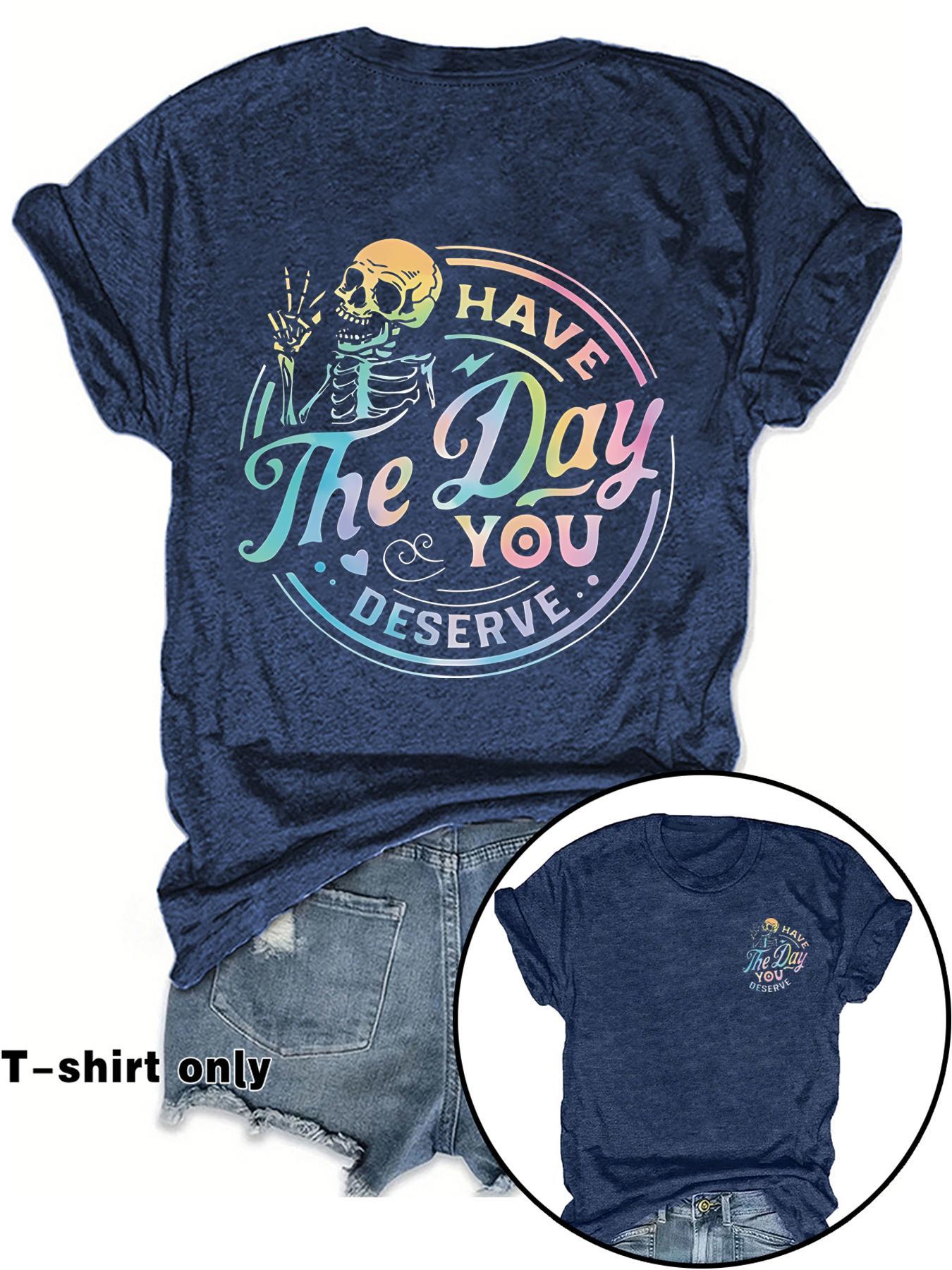 Women's Casual Fitted Graphic Letter Print Round Neck Short Sleeve T-Shirt, Spring Summer Streetwear Fashion Tee, Fun Skull Pattern, Inspirational Gradient Design