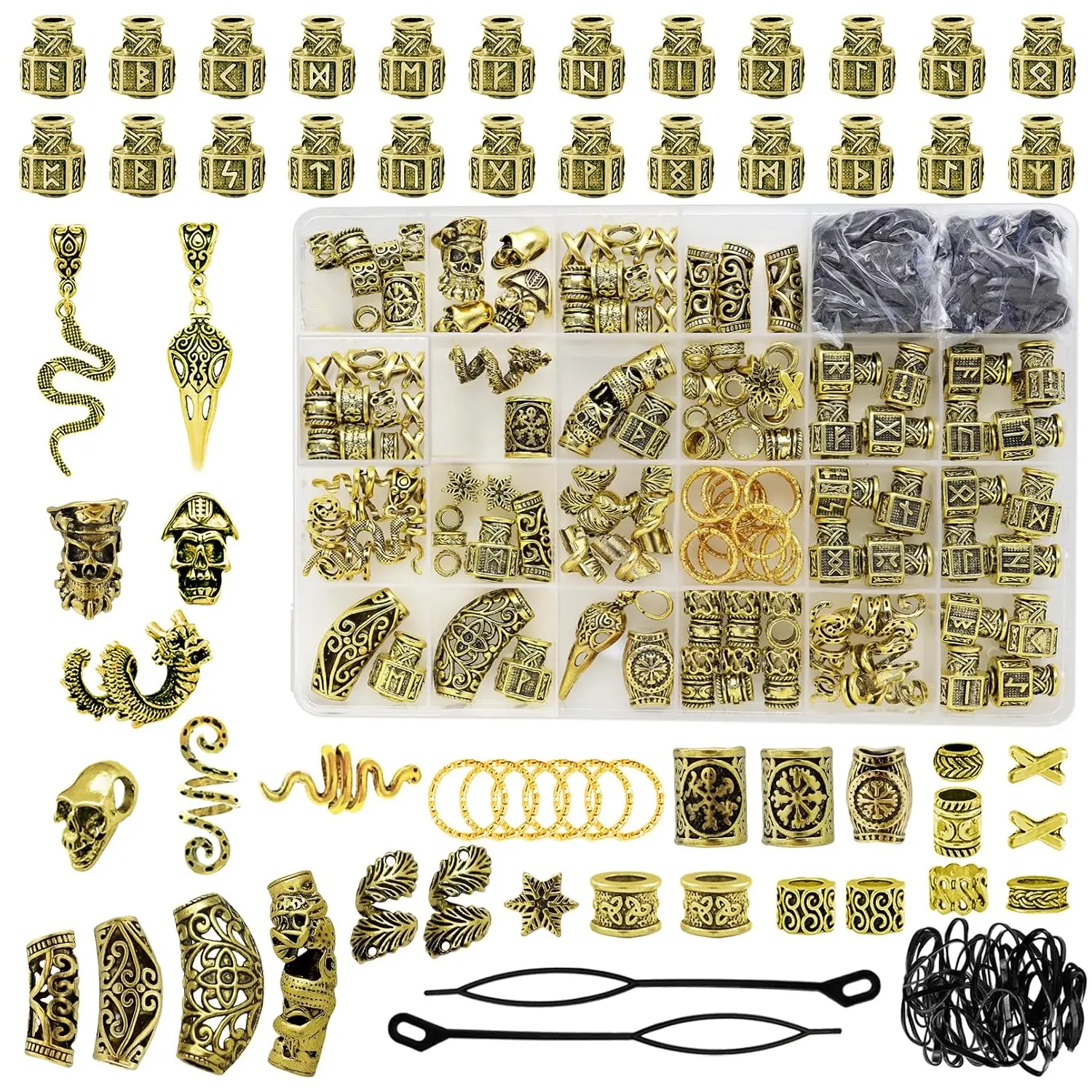 242 count Vikings Hair Clips  for Women Men Norse Runes Tube Beads Loc Accessories Metal Braids Clips Cuffs for Dreadlock  Beard Hair Beads Bracelet Necklace DIY Pirate Decor Golden