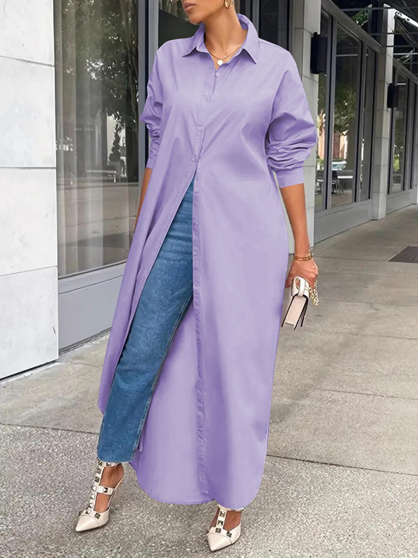 Women's Solid Collared Button Front Long Blouse, Casual Long Sleeve Button Up Shirt, Fashion Women's Spring & Fall Top For Daily Wear