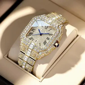 Men's Hip Hop Dress Watch, Iced Out Square Style with Gold Plated Stainless Steel Band, Rainbow Roman Numerals & Calendar