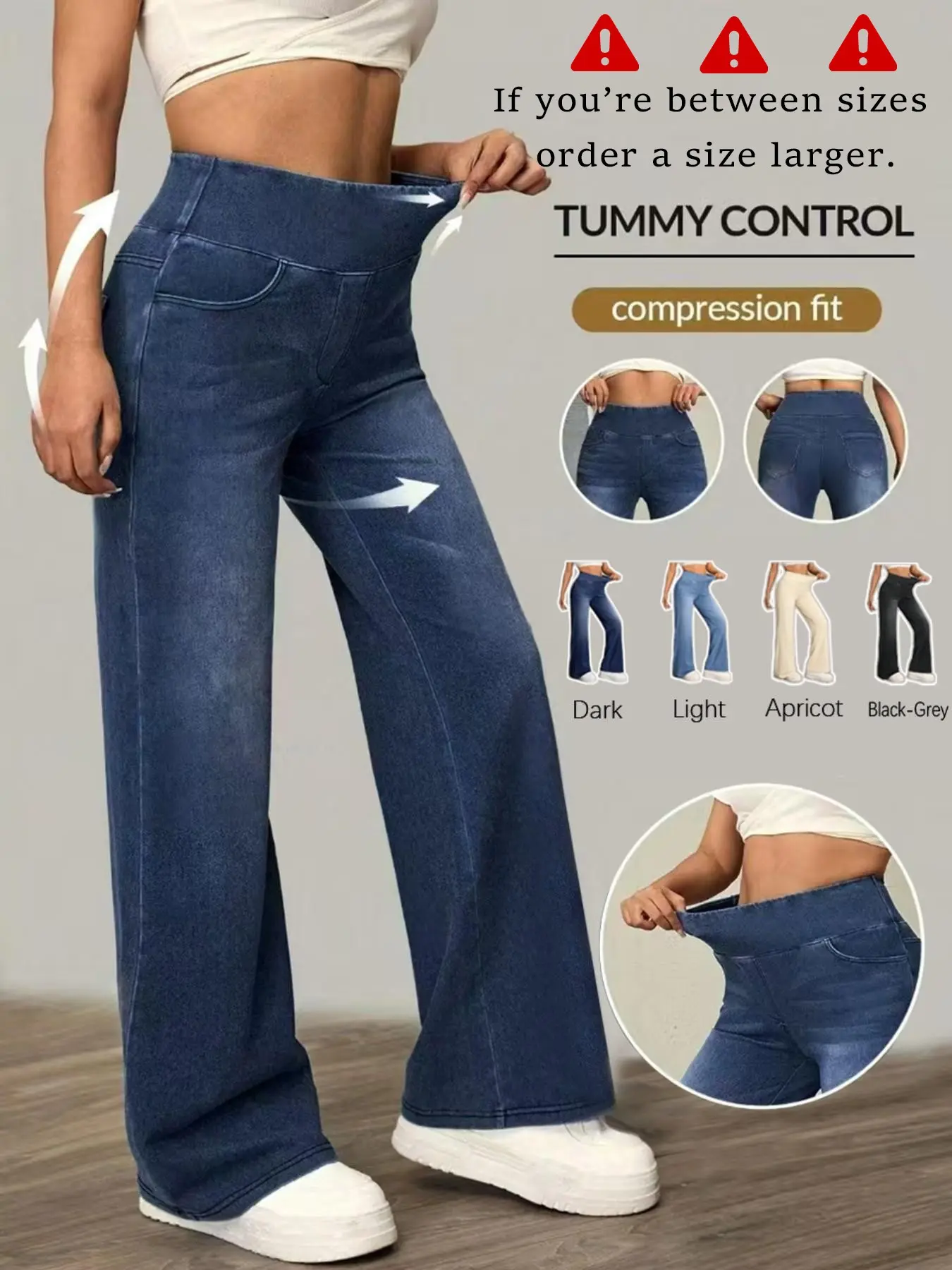 Women's High-Waisted Long Elastic Denim Jeans Wide-Leg Pants, Comfortable Stretch Waist, Fit, Casual Daily Everyday Wear, Durable Material