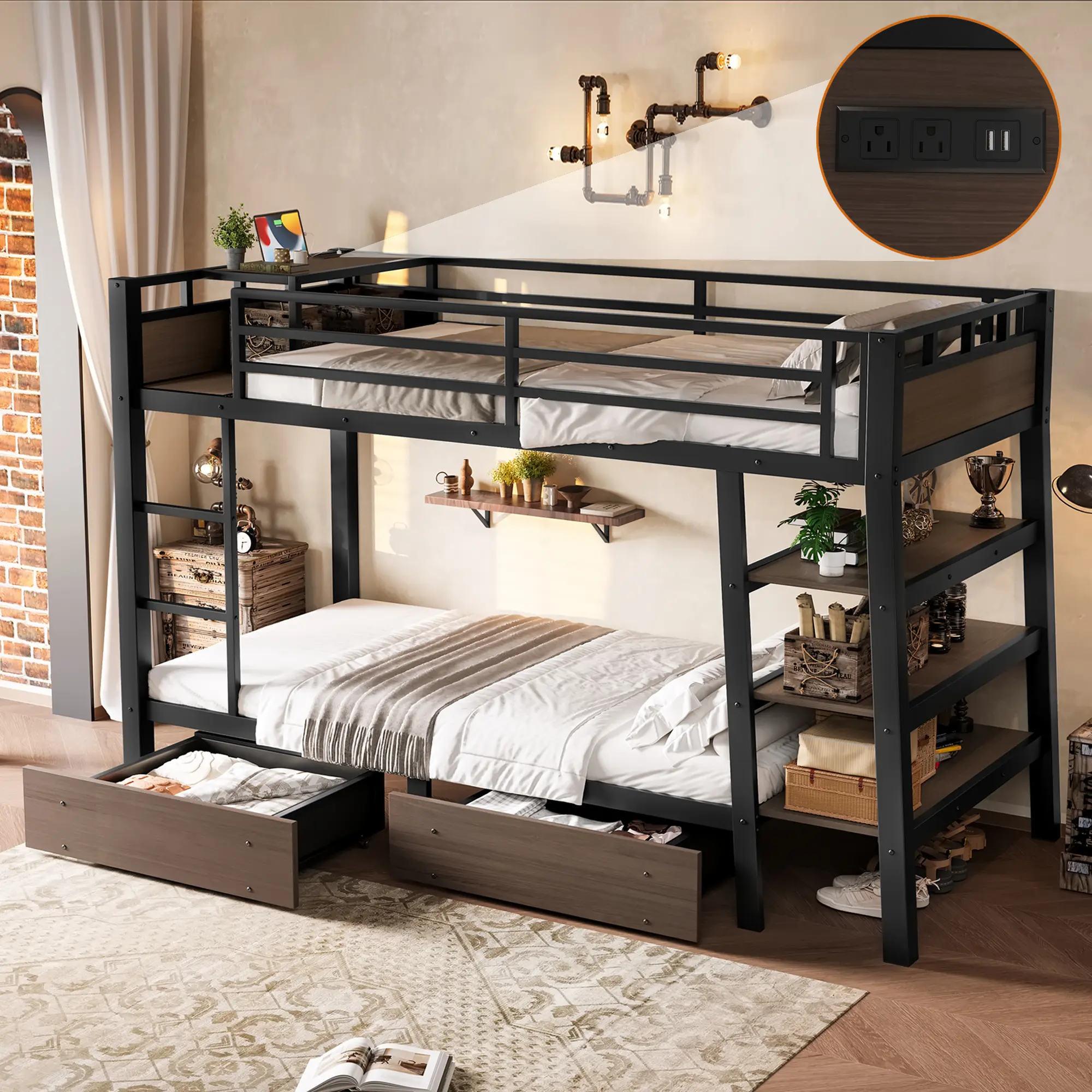 ARCH Twin Size Metal Bunk Bed with Storage Shelves LED Light Strip and USB Power Strip Black Heavy Duty Frame for Kids Teens Bedroom Dormitory Space Saving Furniture, Bedroom Furniture for Bedroom, Guest Room, Kids Room, Teen Room, Dorm and Apartment