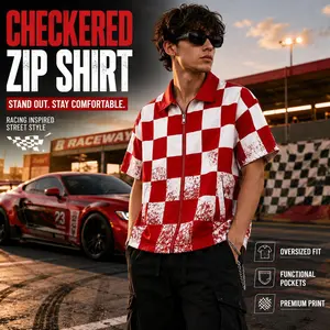 Checkerboard Zip Shirt – Bold Streetwear Tee Jacket, Short Sleeve, Oversized Fit