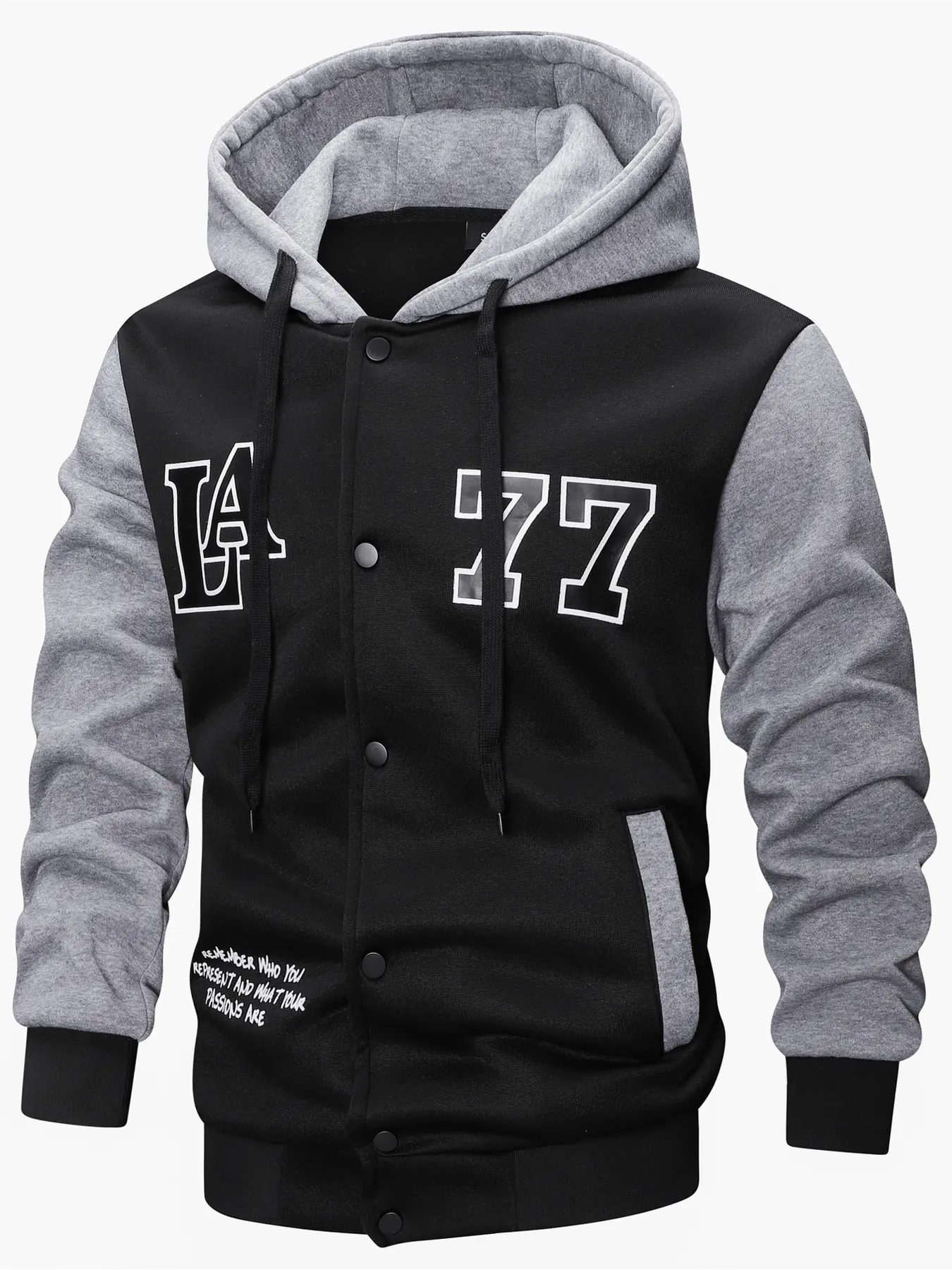 2026 Fall Winter New American Style La Letter Print Hooded Baseball Jacket, Colorblock Casual Sport Open Front Coat for Men