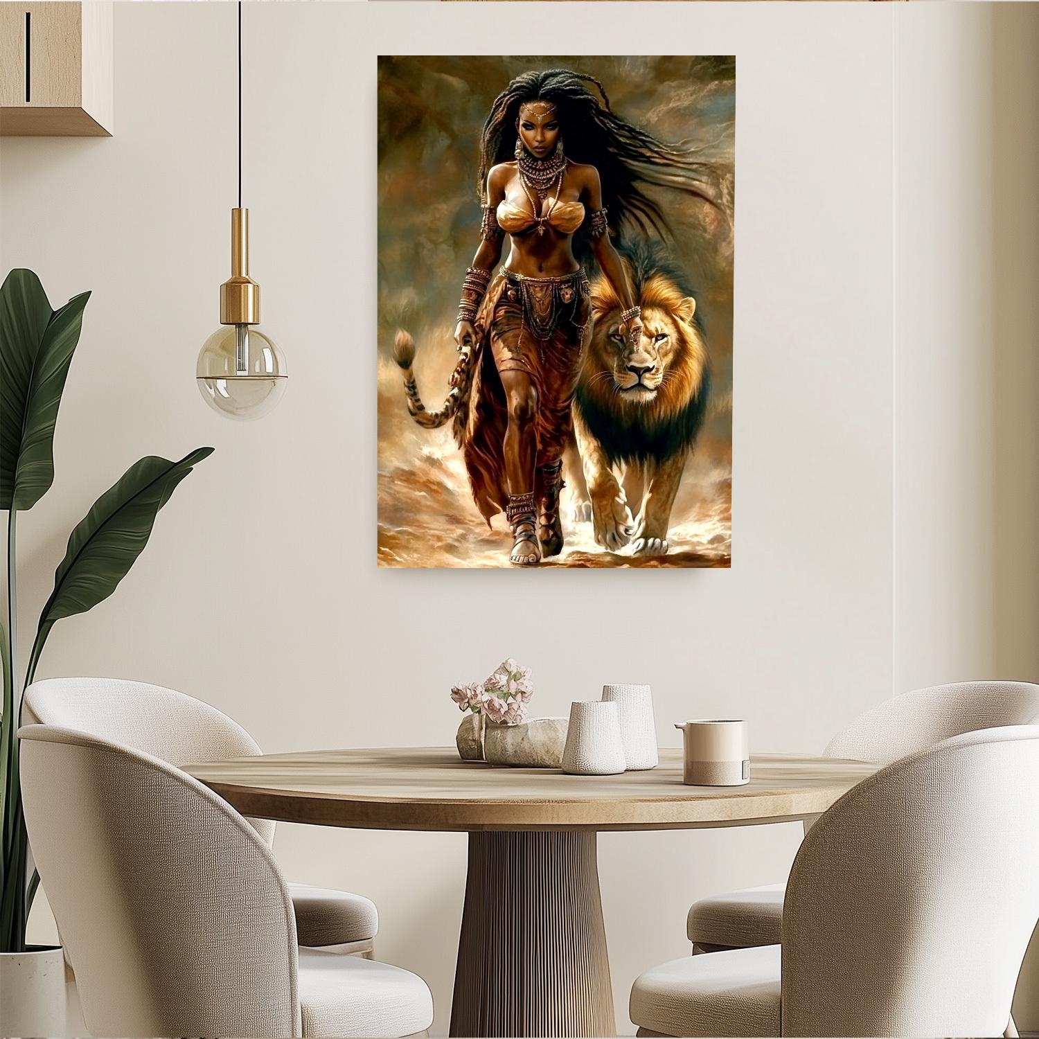 African Queen and Lion Wooden Frame Canvas Print, Vibrant colors, Traditional costumes and Lion details - Elegant home decor, unique gift for women, bedroom or living room, Lion wall decor, living room artwork, fine craftsmanship