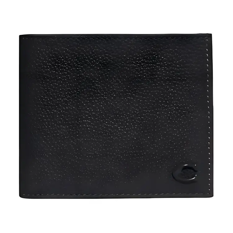 COACH Billfold Wallet for Men – Polished Pebbled Leather, Minimalist Black