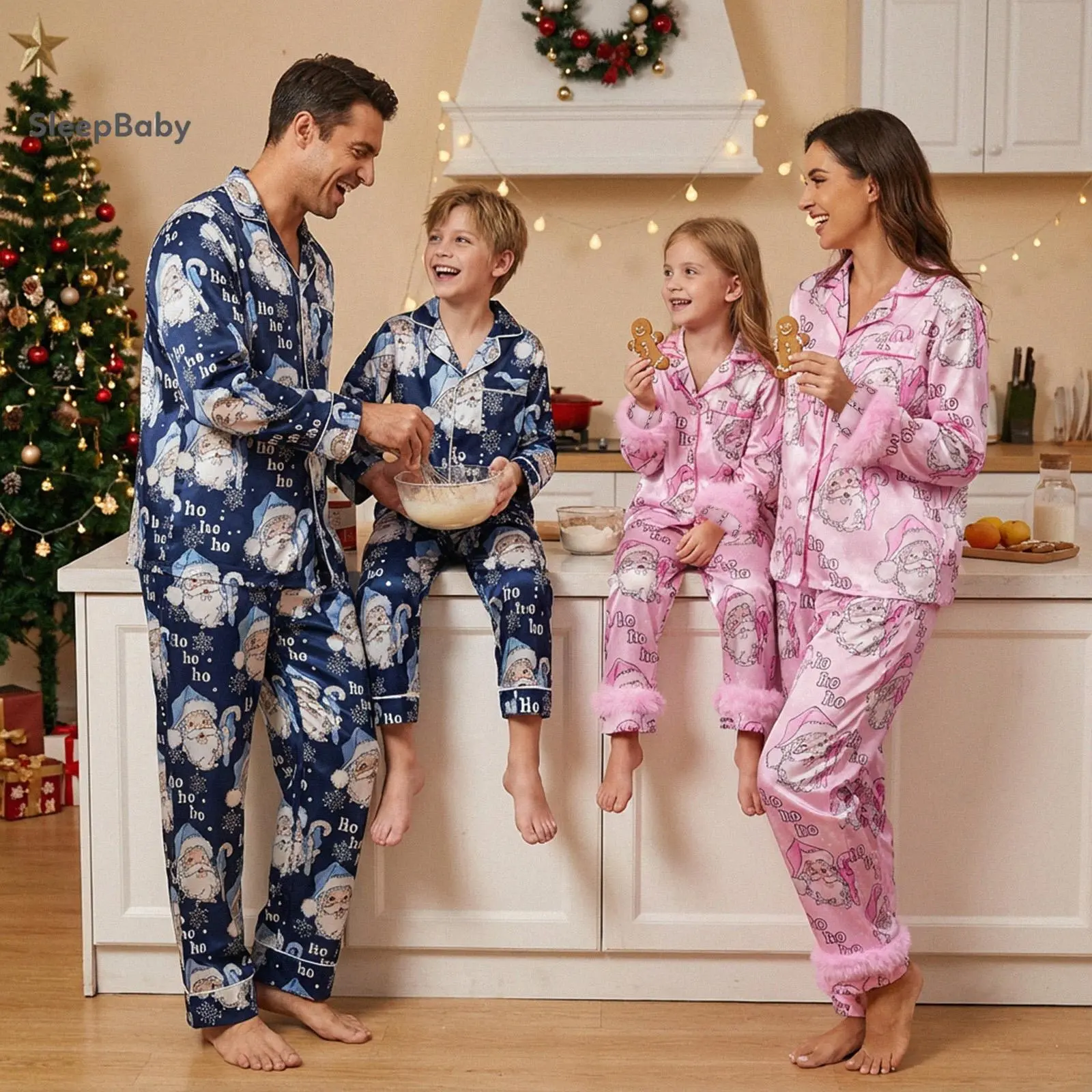 Family Matching Christmas Satin Pajama Sets - Long Sleeve Tops, Pants, Santa Print, Letter Detail, Cool Silk Button-Up Loungewear for Men, Women, Kids (Baby & Maternity Gift Set)