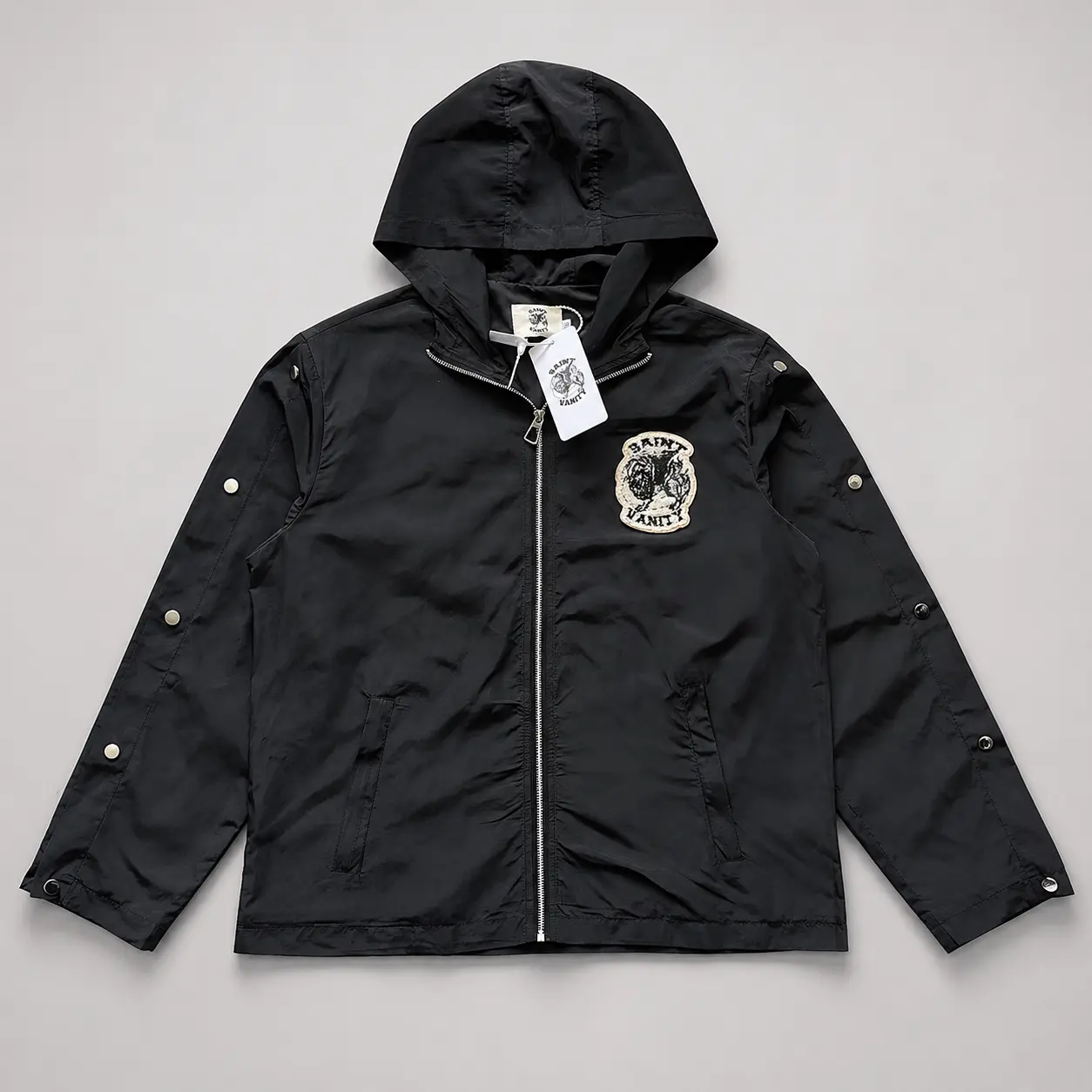SAINT VANITY Embroidered Willow Nail Trench Coat Men Streetwear Techwear Hooded Jacket Zip Up Windbreaker Urban Casual Outerwear Y2K Grunge Fashion