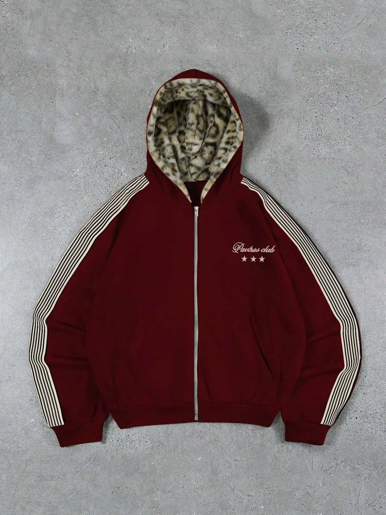 Men's gray striped zip-up hoodie Casual jacket with leopard print fleece lining featuring letter and star embroidery, made of soft and comfortable fabric, perfect for everyday street walks, skateboarding, and hip-hop gatherings.