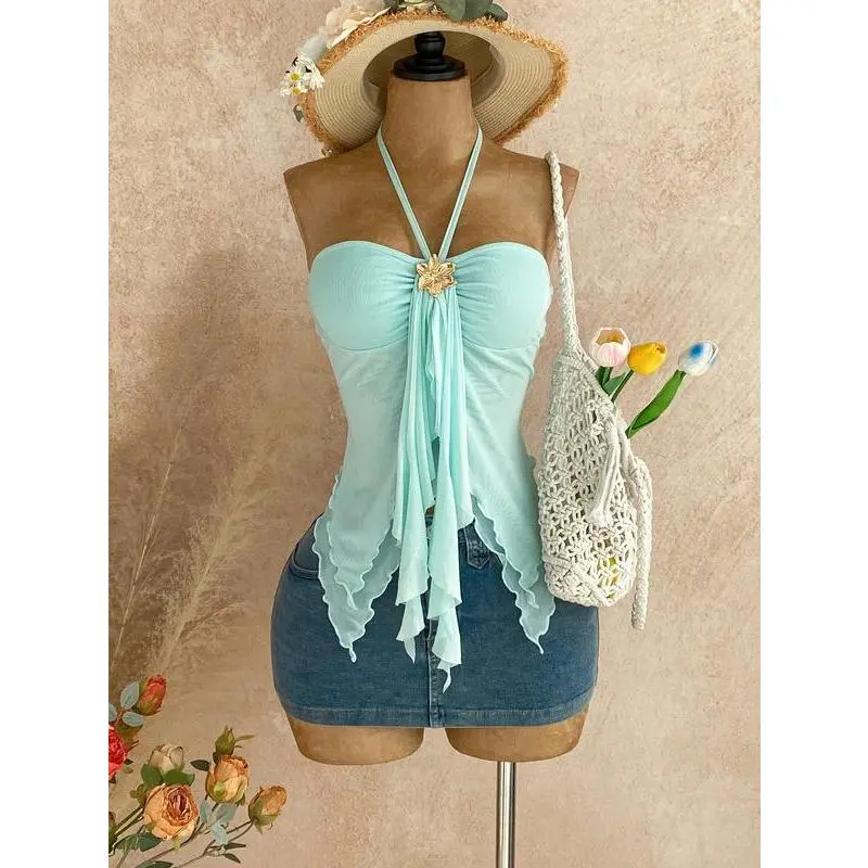 Elegant Mesh Halter Cami Top for Women Summer, Asymmetrical Hem Shell Decor Blouse for Beach Vacation, Fairy Style Sling Tank Top Ladies, Shell Ornament Camisole