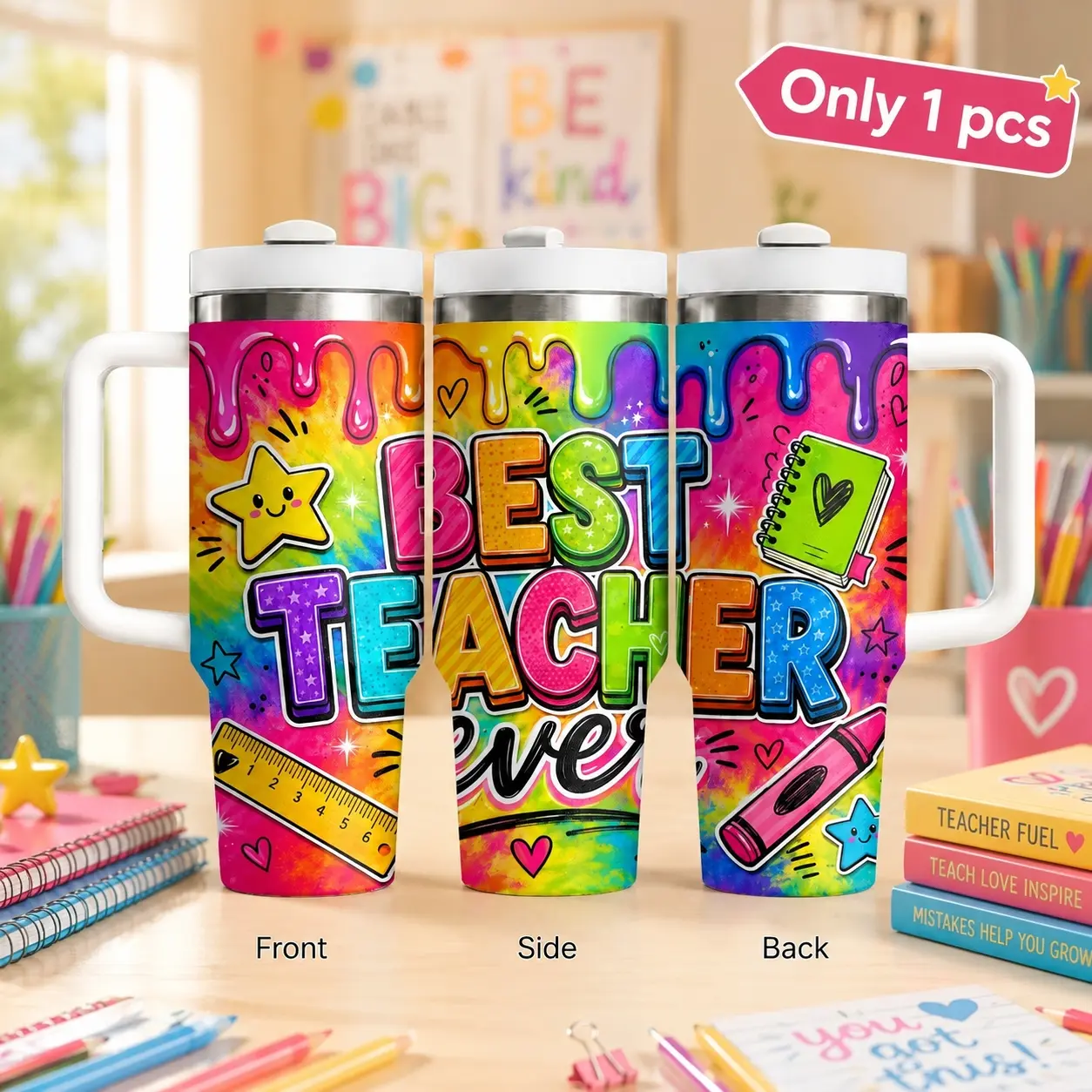 40oz Teacher Gift Tumbler with Handle and Straw Lid, Best Teacher Classroom Water Cup, Colorful School Supplies Design Stainless Steel Vacuum Insulated Travel Mug, Leak Resistant Coffee Cup for Office School Gym, Everyday Tumbler