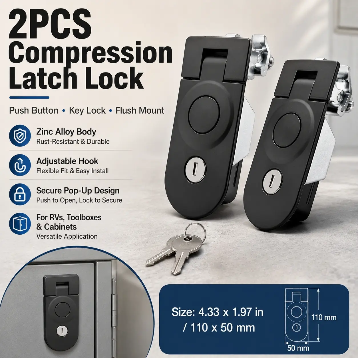 2 Piece Keyless Zinc Alloy Compression Latch Lock, Black Flush Mount Push Button Pop-Up Industrial Cabinet Door Lock, Adjustable Hook Hardware for Electrical Panel, Switch Cabinet, Metal Toolbox, Equipment Box, Horsebox Locker Replacement