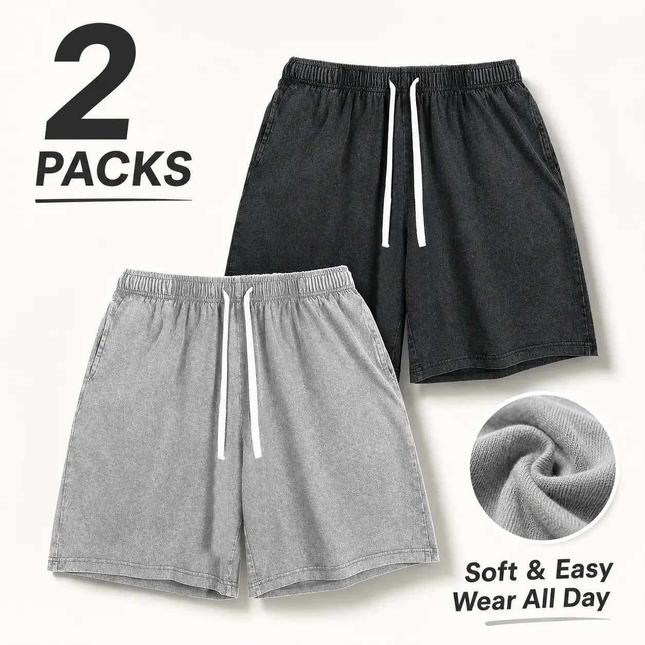 Men's 240G 100% Cotton Washed Casual Fit Shorts, Breathable Summer Outdoor Shorts with Elastic Drawstring Waist and Pockets, Vintage Relaxed Holiday Leisure Beach Travel Lounge Shorts for Everyday Outdoor Activities and Daily Wear, Walking & Gym