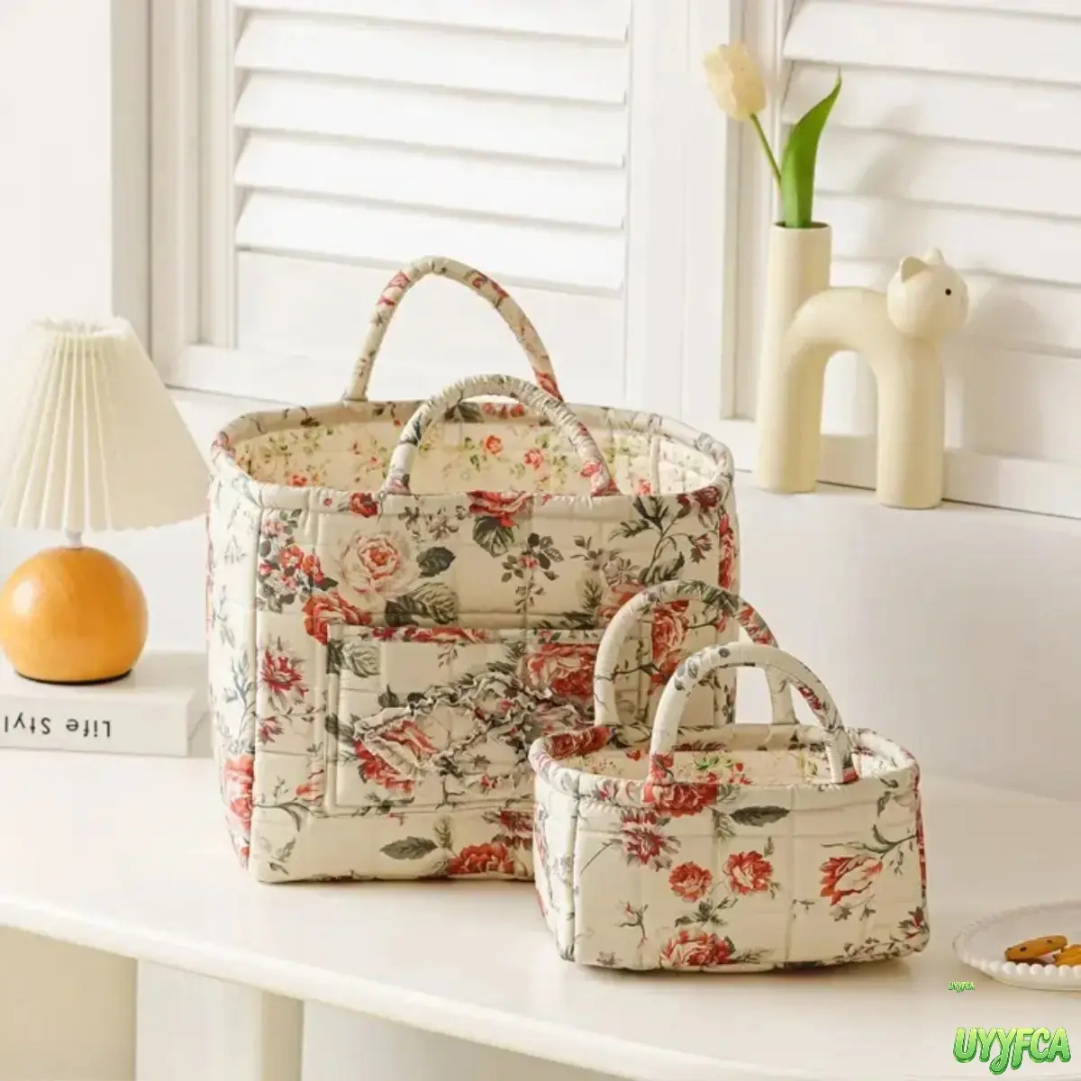 Trending Women's Vintage Floral Quilted Fabric Tote Bag - Padded Grid Stitch, Portable, Outer Pocket, Soft Cold Wash Reusable Bag, Cottagecore Aesthetic Organizer for Daily Use, Grocery Bag tiktokshopbacktoschool