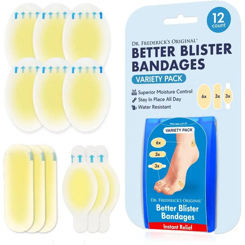 Outdoor sports Dr. Frederick's Original Better Blister Bandages, Variety Pack, 12 ct| Hydrocolloid, Water-Resistant, Latex-Free, Feet, Toes and Heels, Cushions Friction-Prone Areas, Heel, Toe and Spot Shapes