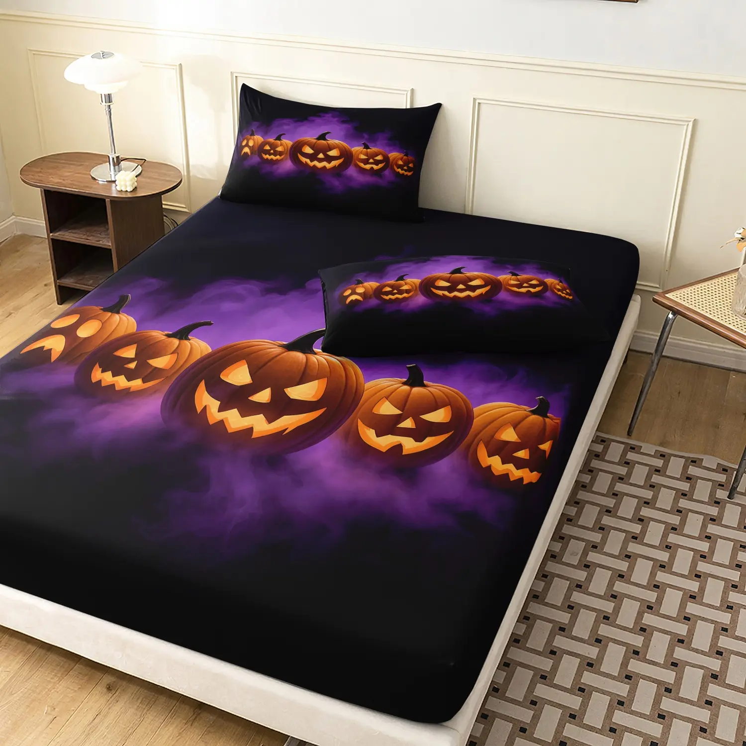  3 Pieces Spooky Halloween Pumpkin Fitted Sheet Bedding Set, Black Purple Mist Jack O Lantern Holiday Pattern Bedding, Machine Washable Soft Breathable Bedding Linen (1 Fitted Sheet + 2 Pillowcases, No Pillow)