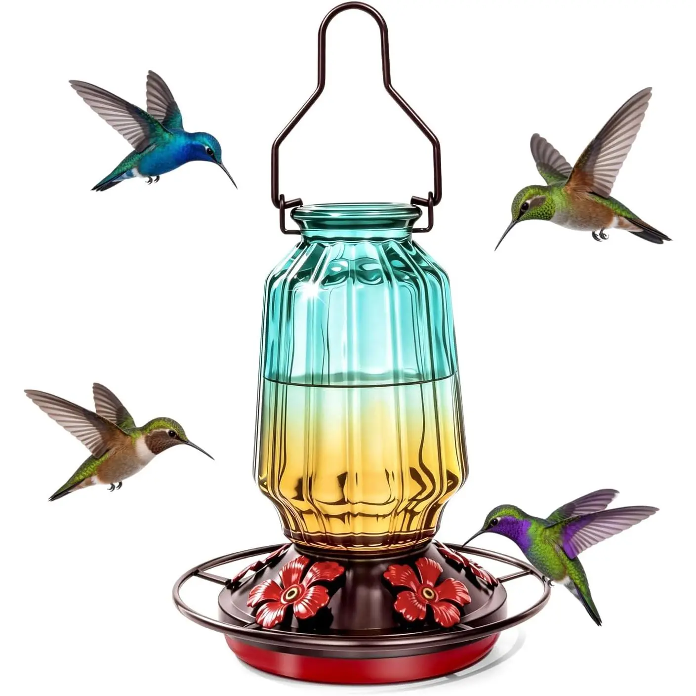 Green Glass Hummingbird Feeder, 16oz Leak-Proof, Perch & 5 Ports | 16oz capacity, leak-proof, 5 flower ports with perch,  for backyard,  for bird lovers, women & mom